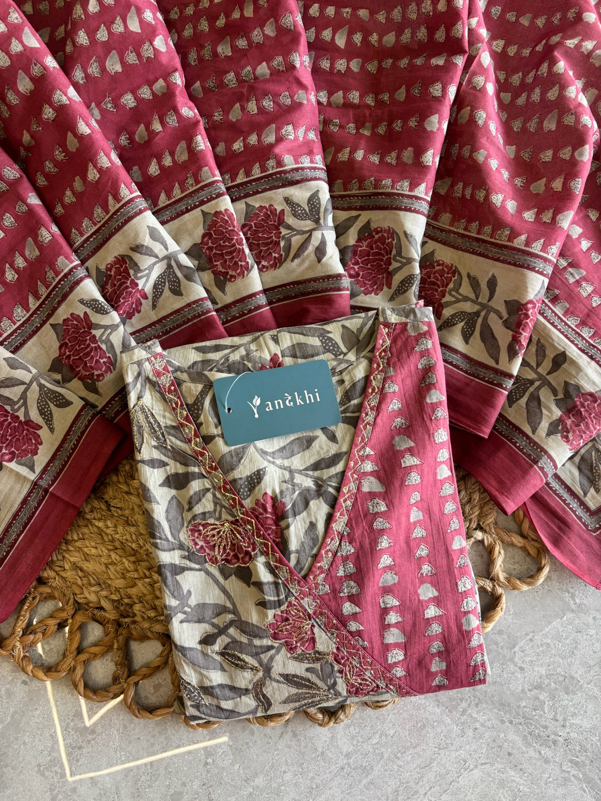 A3978- Pure Cotton Angarkha-style Anarkali Suit featuring Floral & Geometric prints, with Pants & Dupatta.