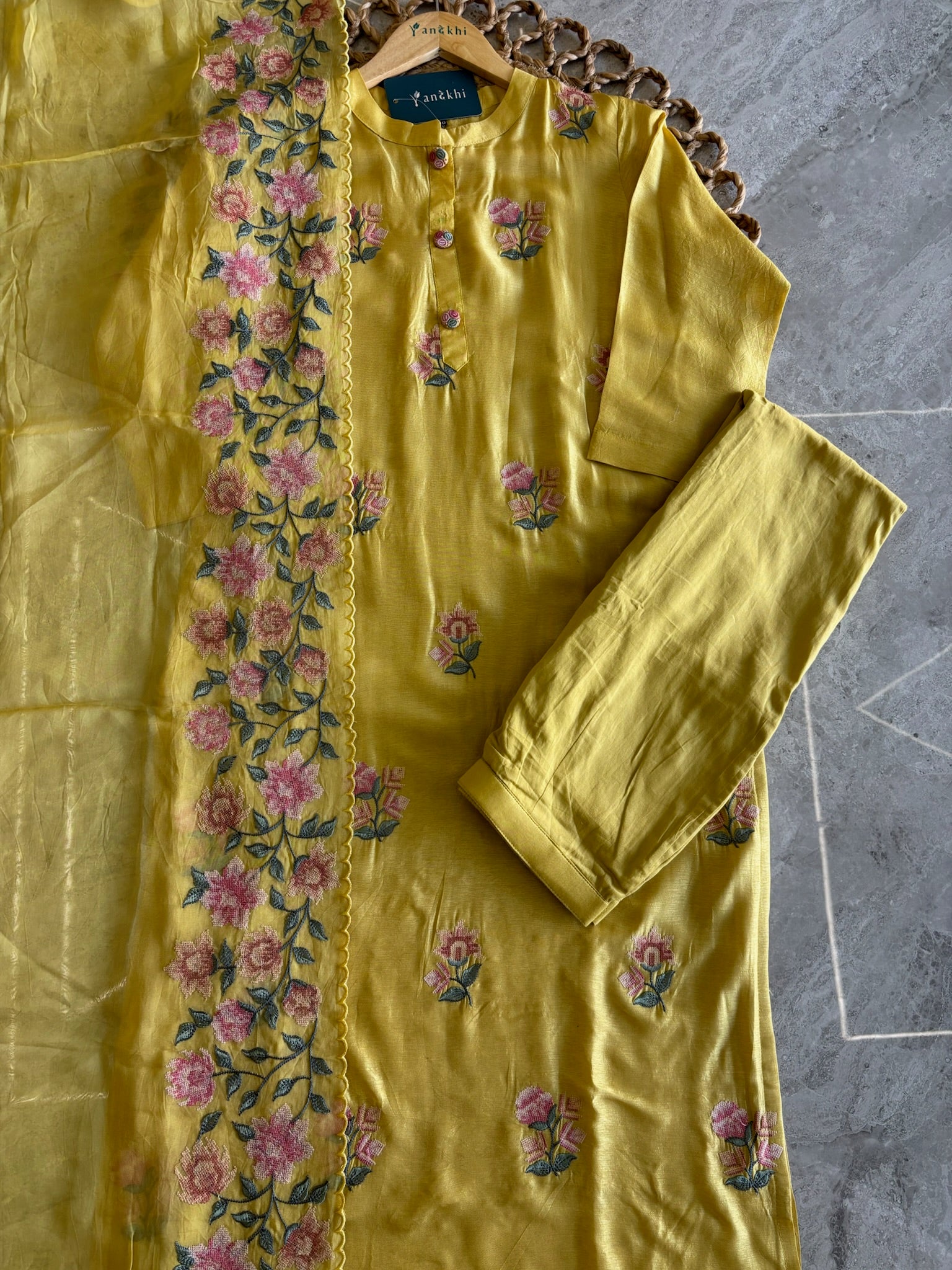 A3961 - Pure Dola Silk suit with French knot Embroidery and Organza Border Dupatta.