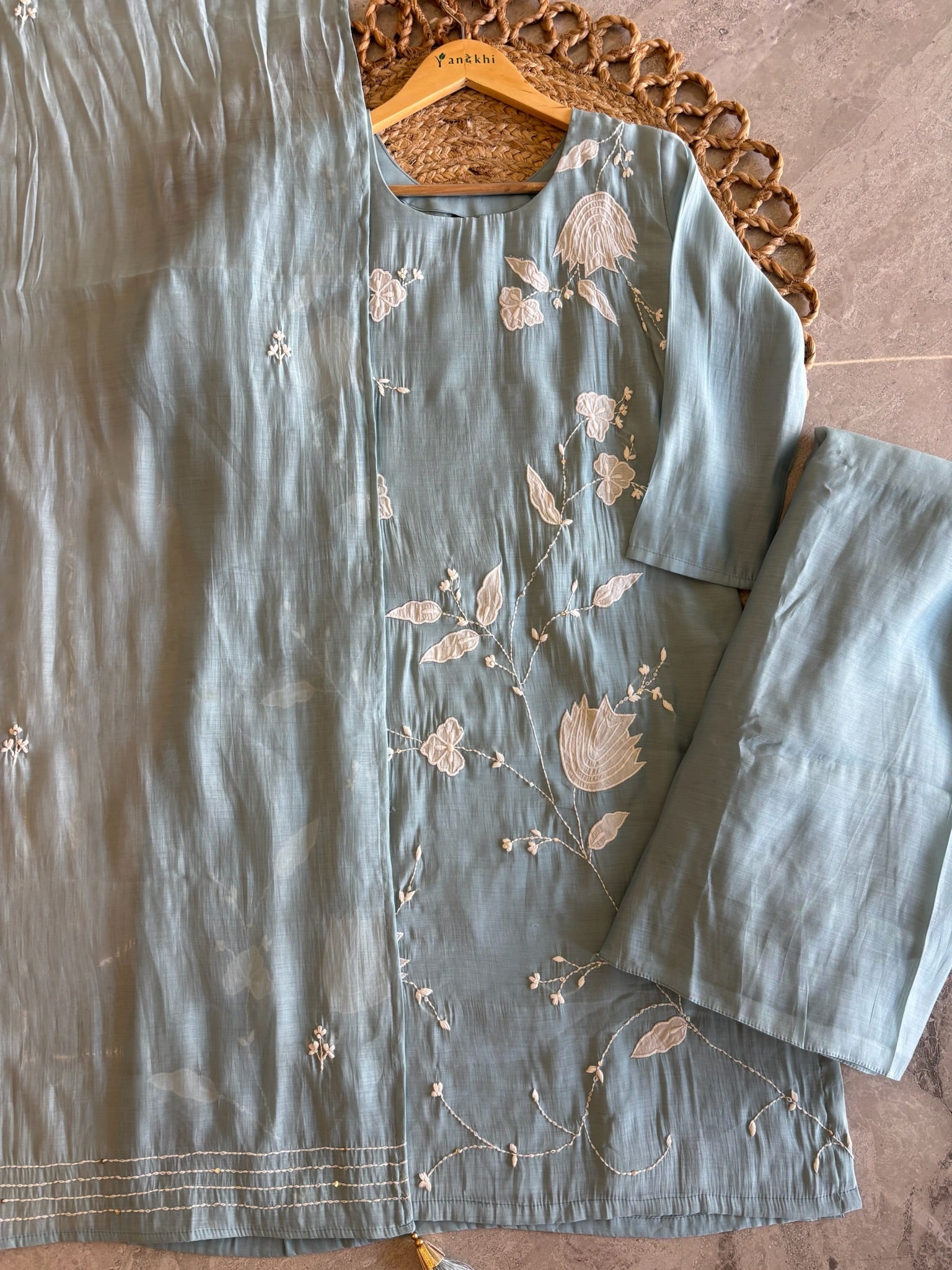 A3899 - Chanderi Silk Short Kurti with Appliqué work, Flared Plazo & Dupatta.
