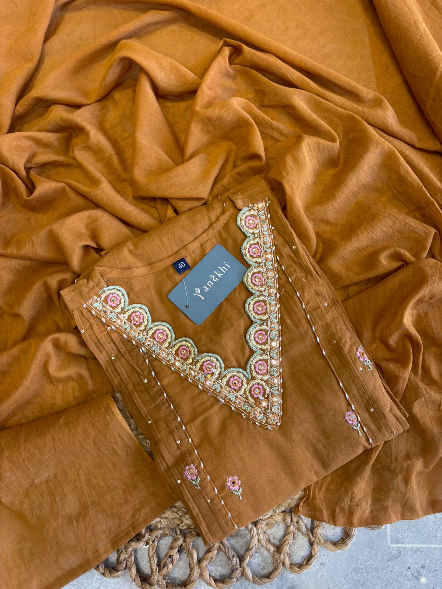 A2781 - Pure Cotton Embroidered Kurti with Lace detail on Neckline, Pants & Dupatta
