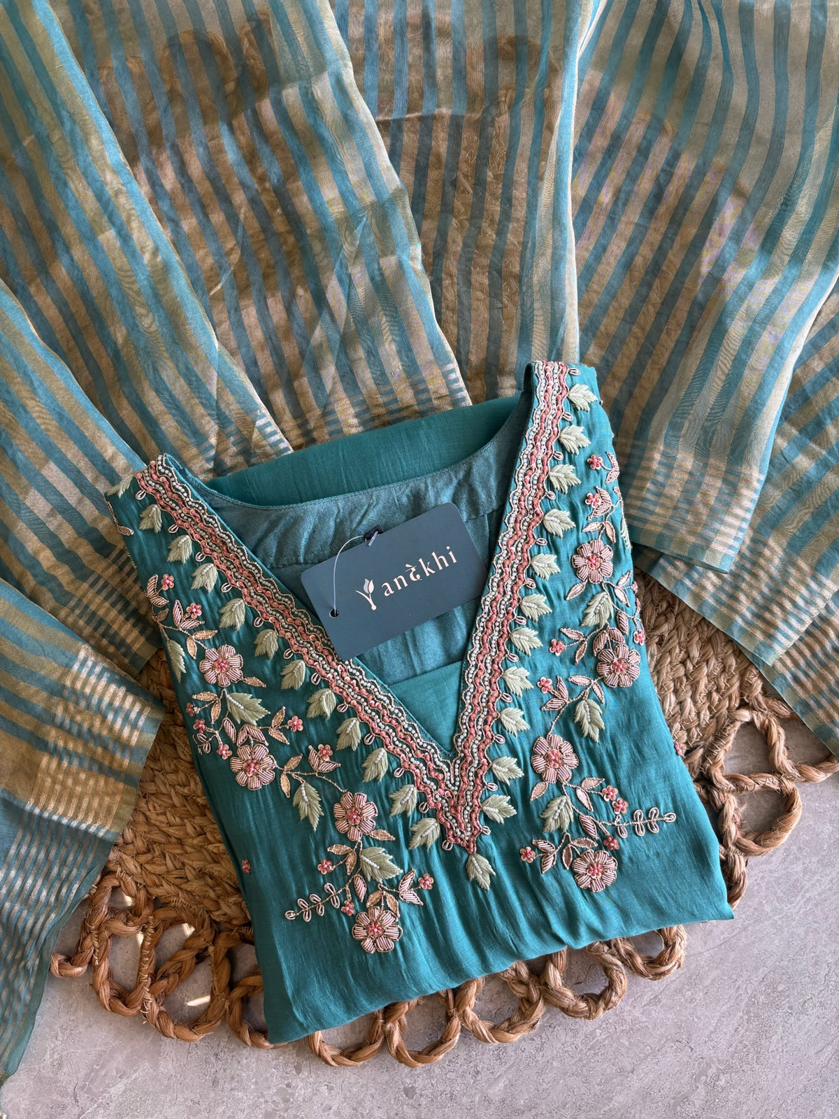 A1665 - Mul Chanderi Kurti with Handwork detailing, Striped Tissue Dupatta & Pants.