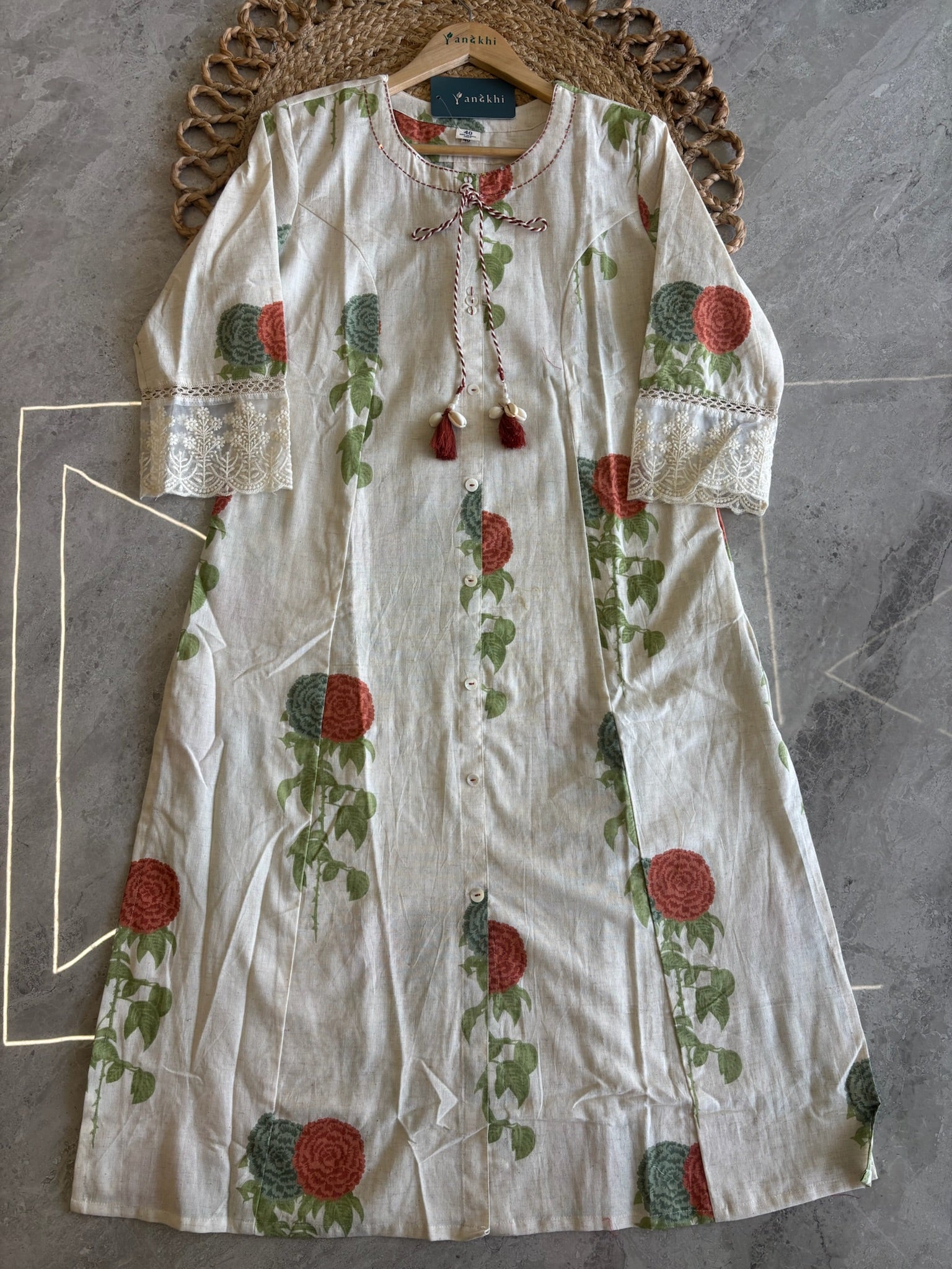 A4036 - Khadi Cotton Kurti & Pant set with lace detailed sleeves.
