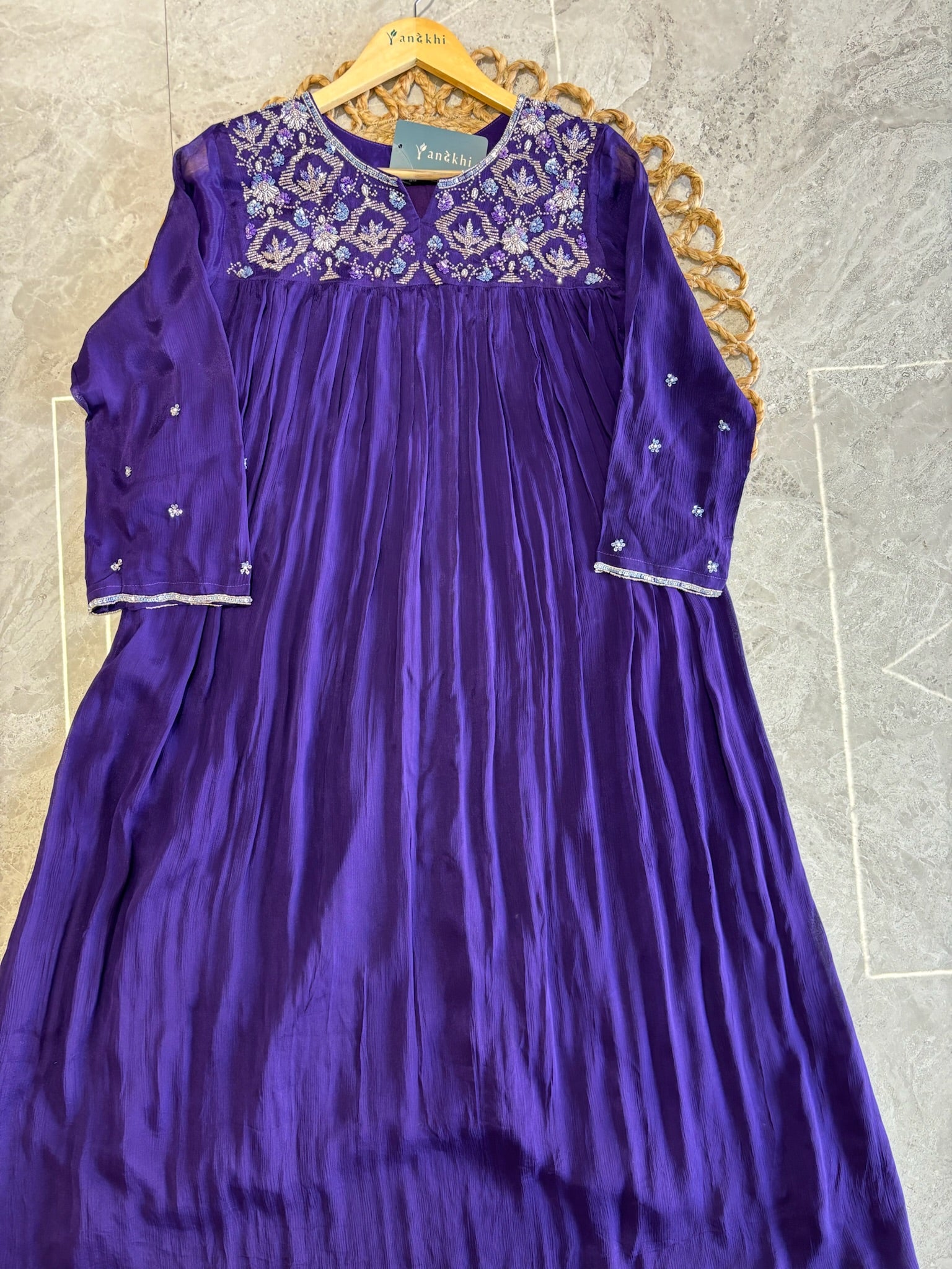 A4146- Pure Chinon Flared Dress with Heavy Handwork yoke, with Matching Pants & Dupatta.