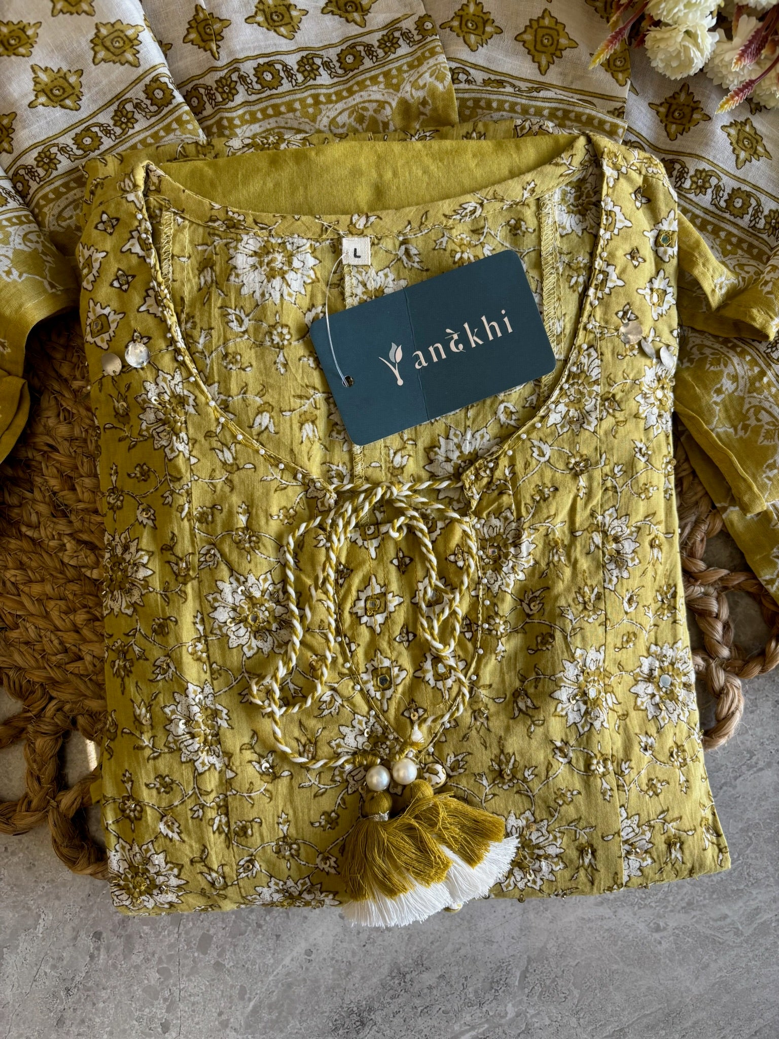 A4016- Pure Cotton Printed Anarkali Suit paired with Pants & Contrast Printed Dupatta.