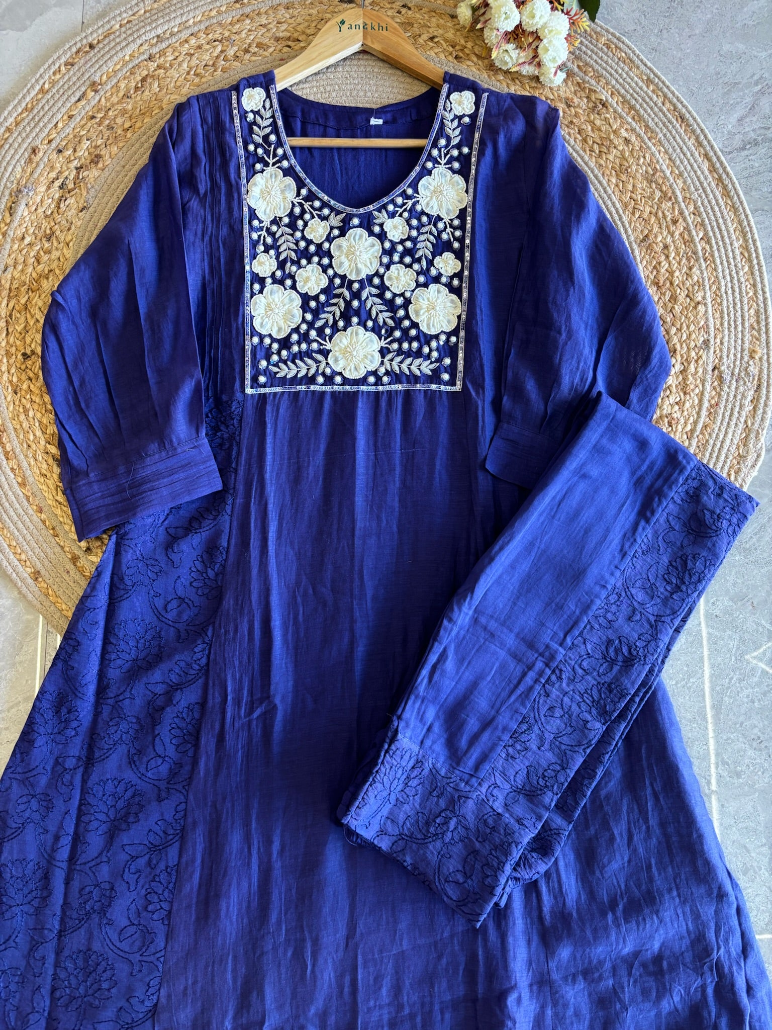 A2730- Mul Chanderi Suit with Heavily Embroidered Yoke, 3D Floral Applique & Pearl Detailing, with Designer Embroidered Pants & Organza Dupatta.