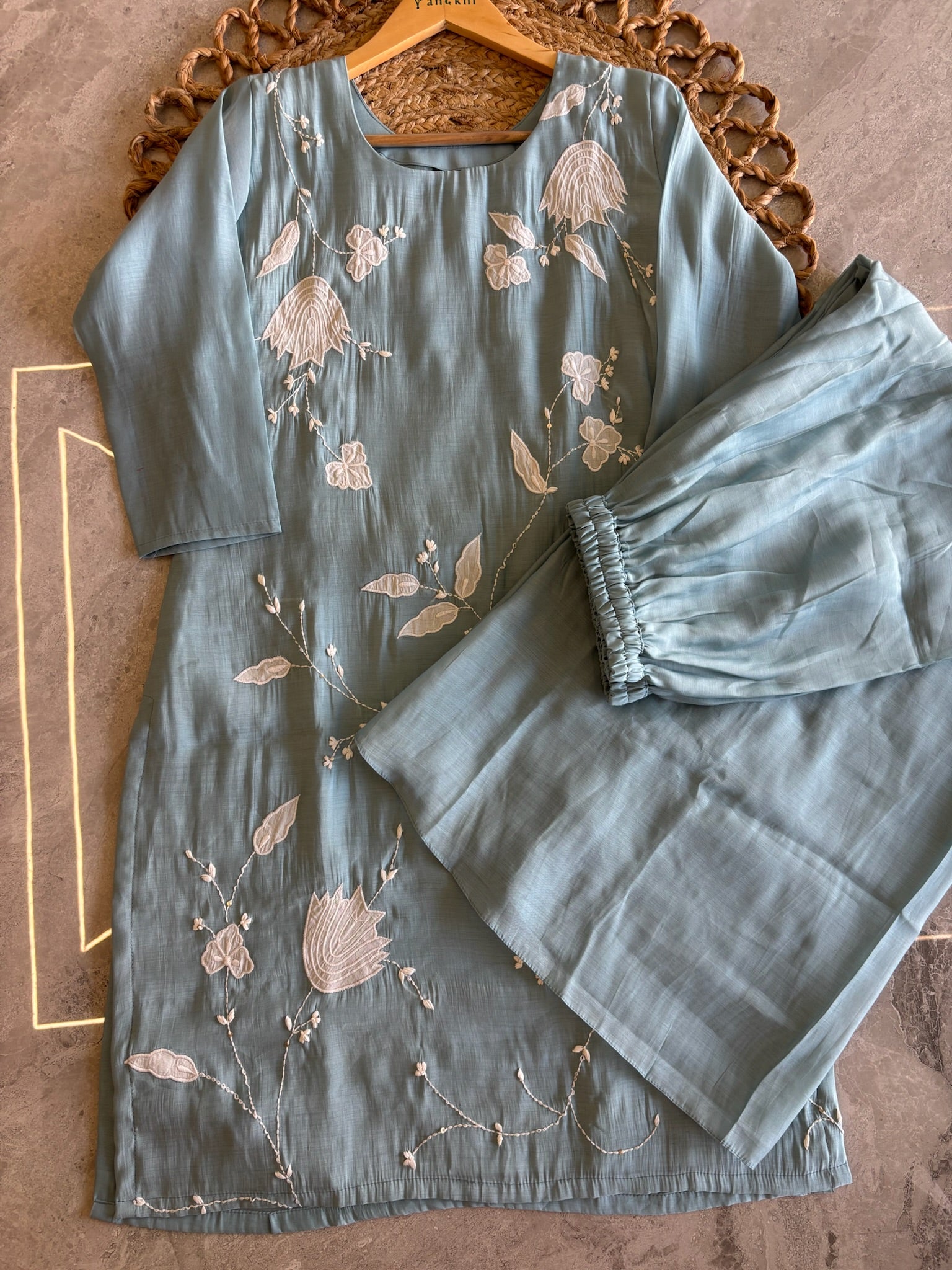 A3899 - Chanderi Silk Short Kurti with Appliqué work, Flared Plazo & Dupatta.