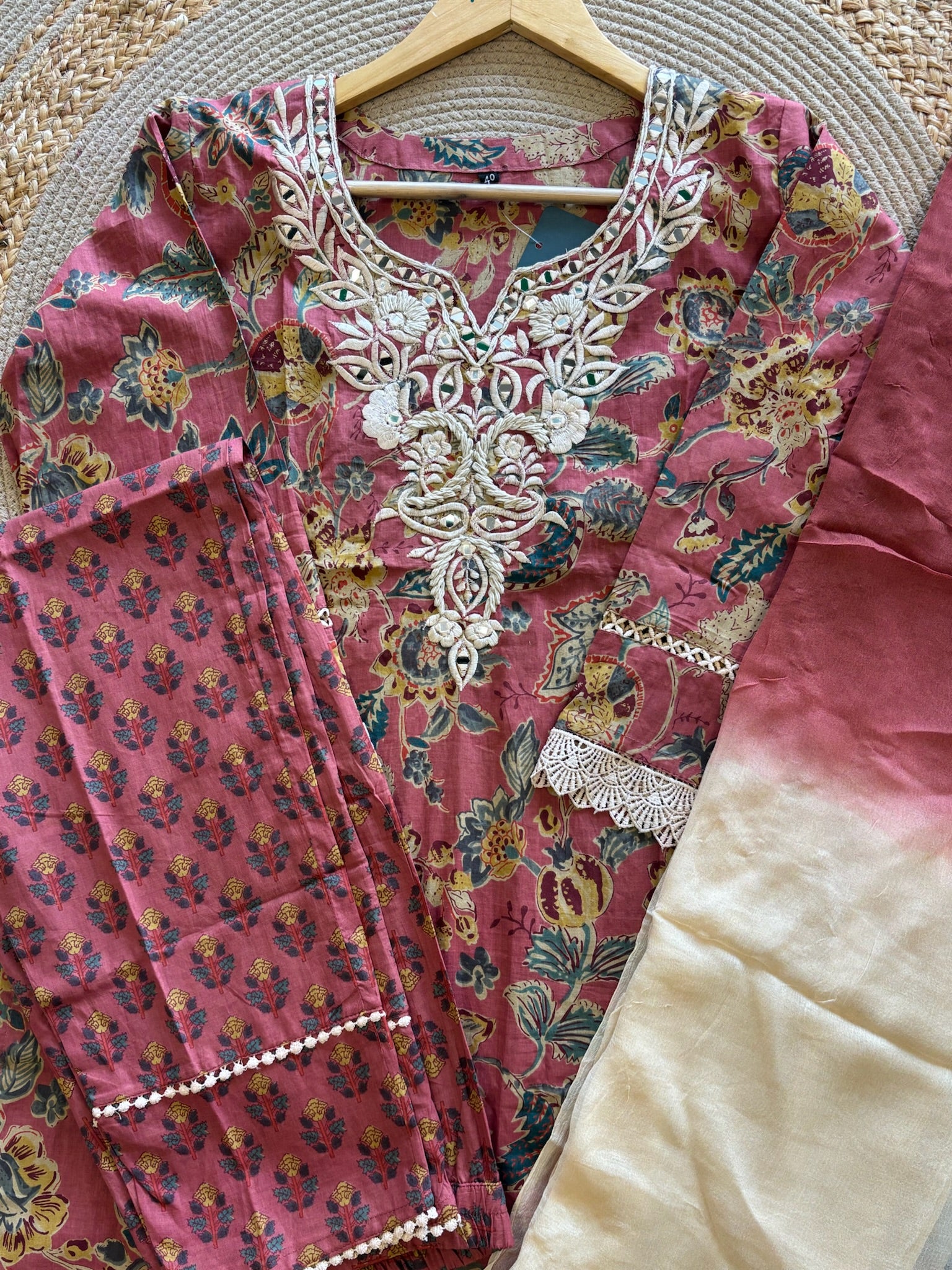 A2788 - Pure Cotton Kurti with delicate Cutwork & Embroidery, Pants & Dupatta.