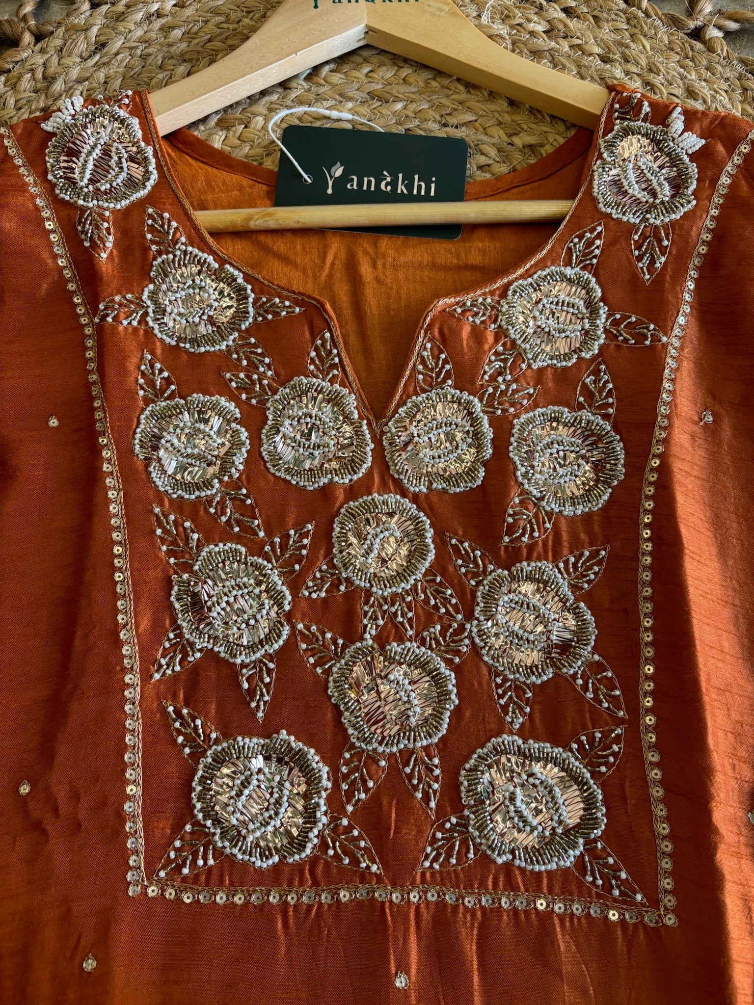 A1557 - Pure Dola Silk Kurti with Intricate 3D Handwork Zardosi detailing, paired with Pants & Organza Dupatta