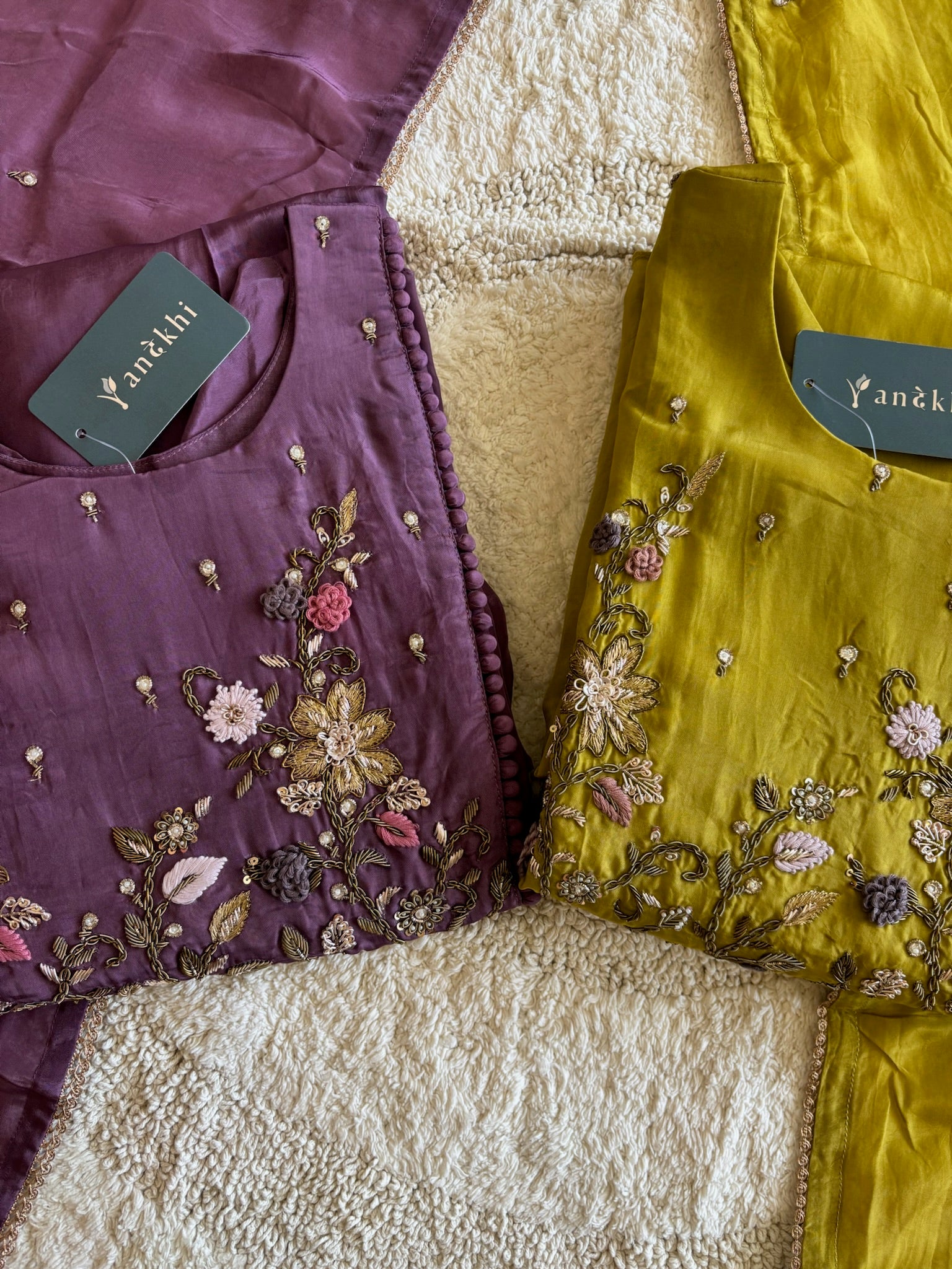 A2642- HO Silk A-Line Suit featuring an Overlap Jacket-Style Hand Embroidered Heavy, Paired with Pants & a Dupatta.