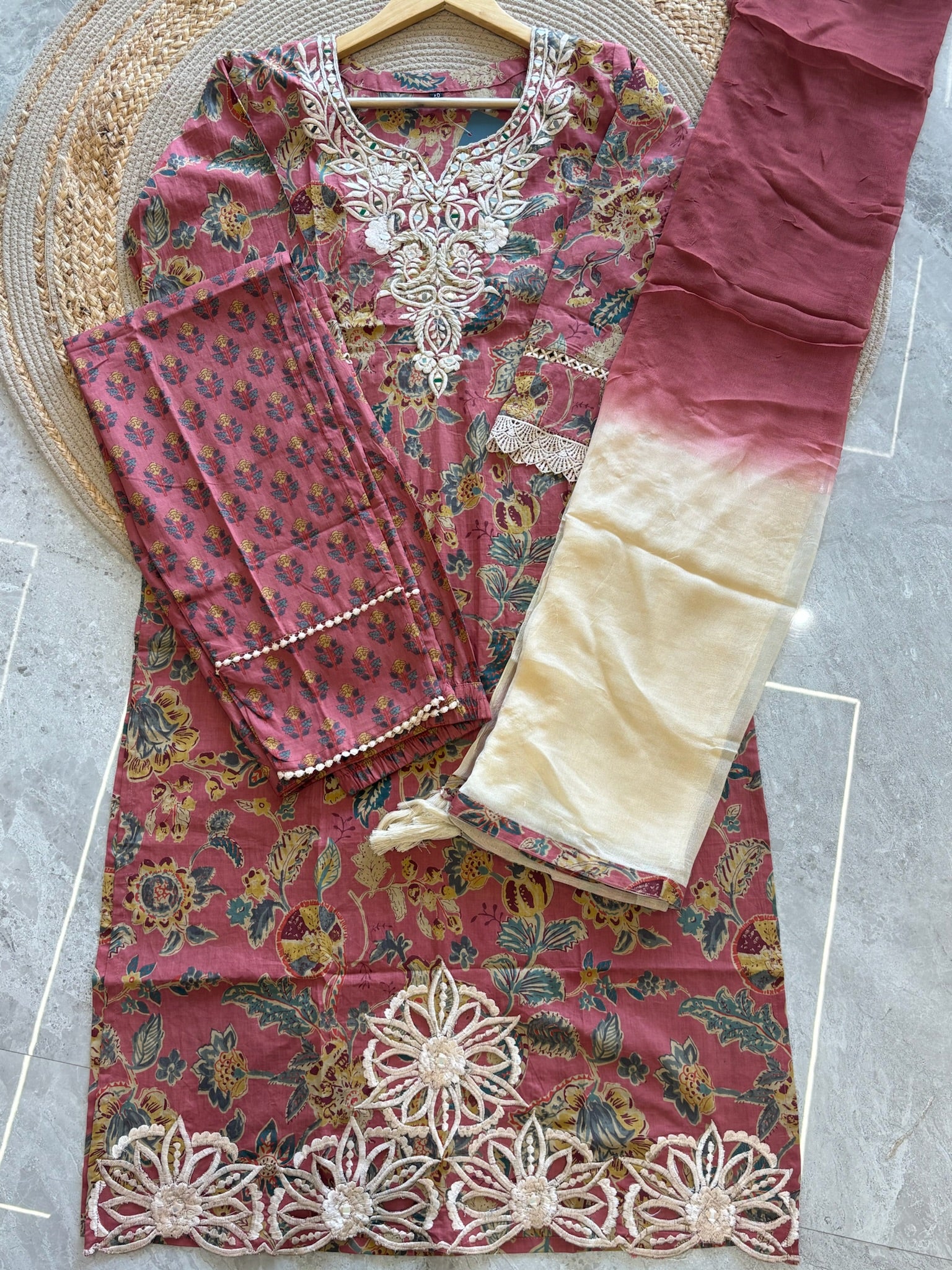 A2788 - Pure Cotton Kurti with delicate Cutwork & Embroidery, Pants & Dupatta.