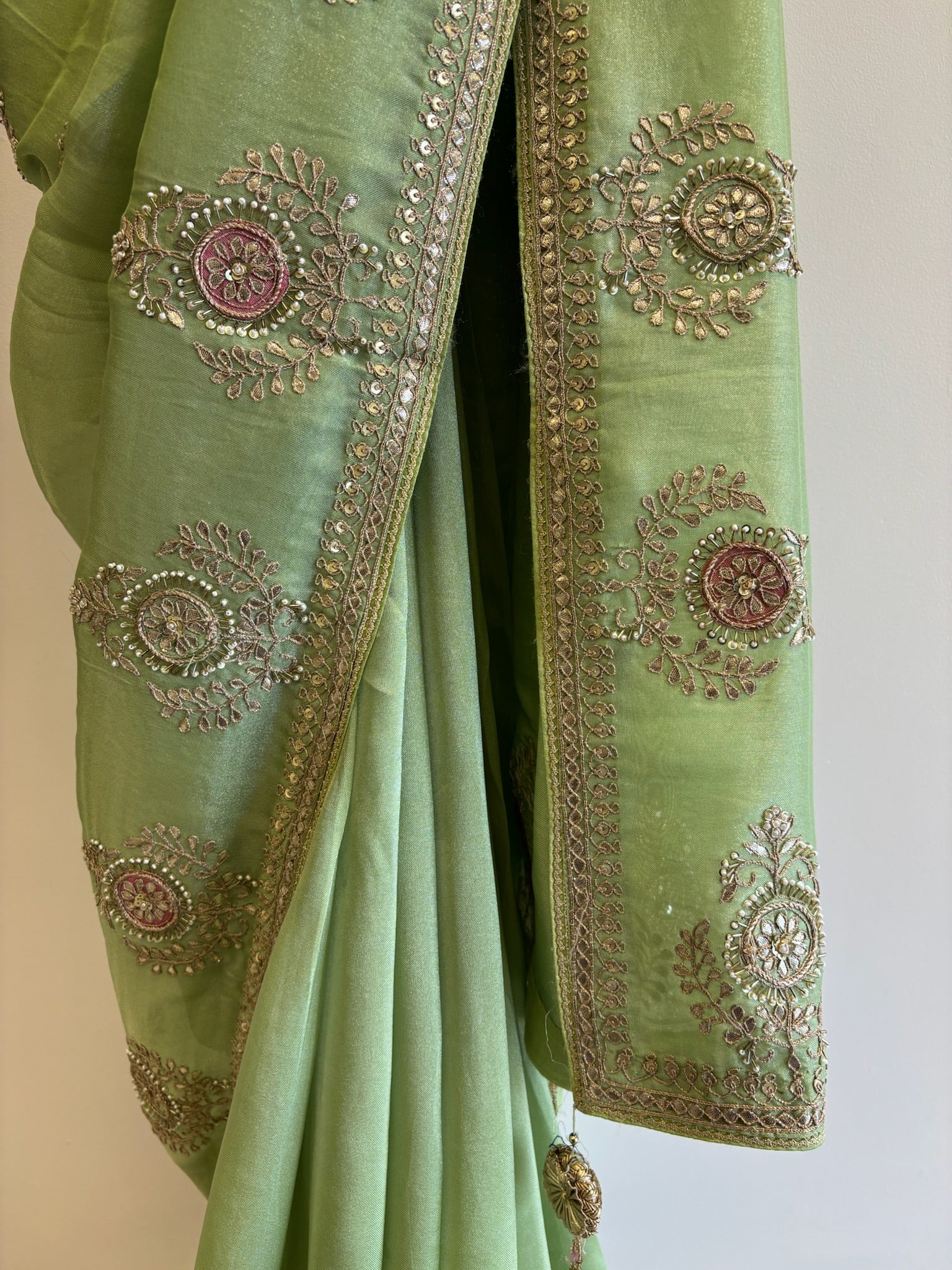 A1079 - A Pista-Green Saree with Gota, Zari, and Resham Work.