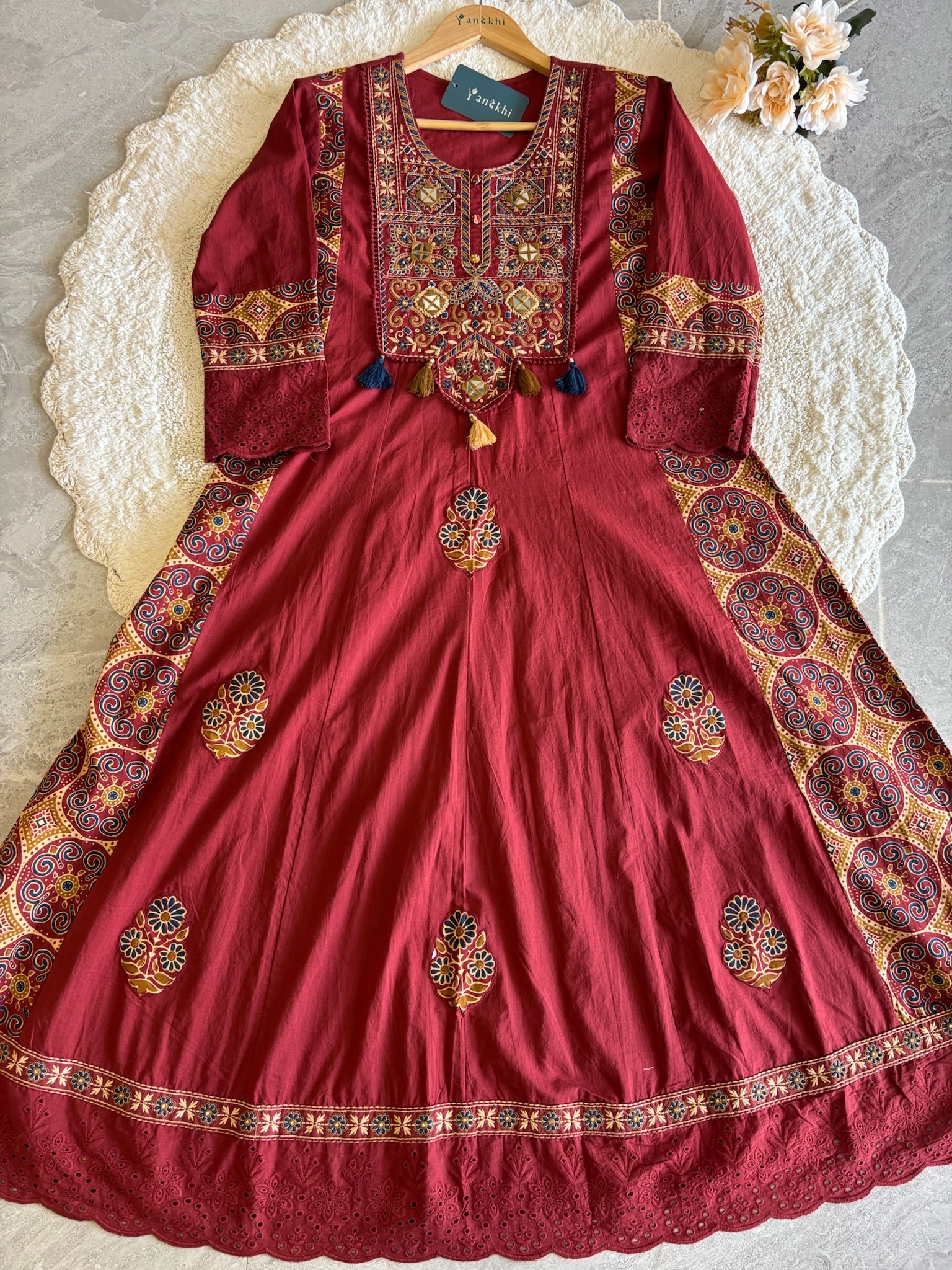 A3948- Pure Cotton Solid Anarkali Suit with Embroidered Yoke, Ajrakh-inspired Printed Accents, matching Pants & Printed Dupatta.