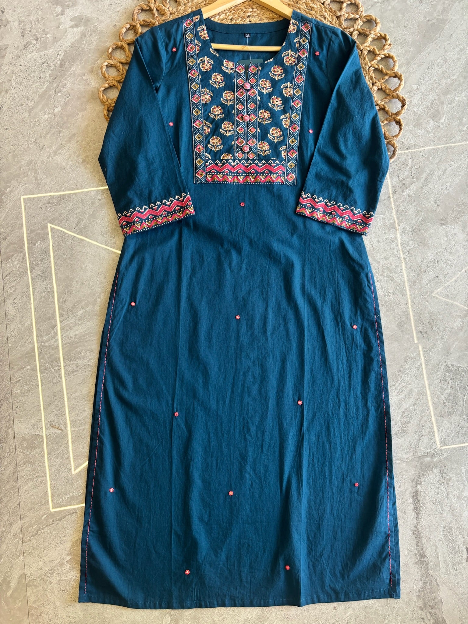 A2812 - Pure Cotton straight Kurti with york detailing, printed Pants and Dupatta.