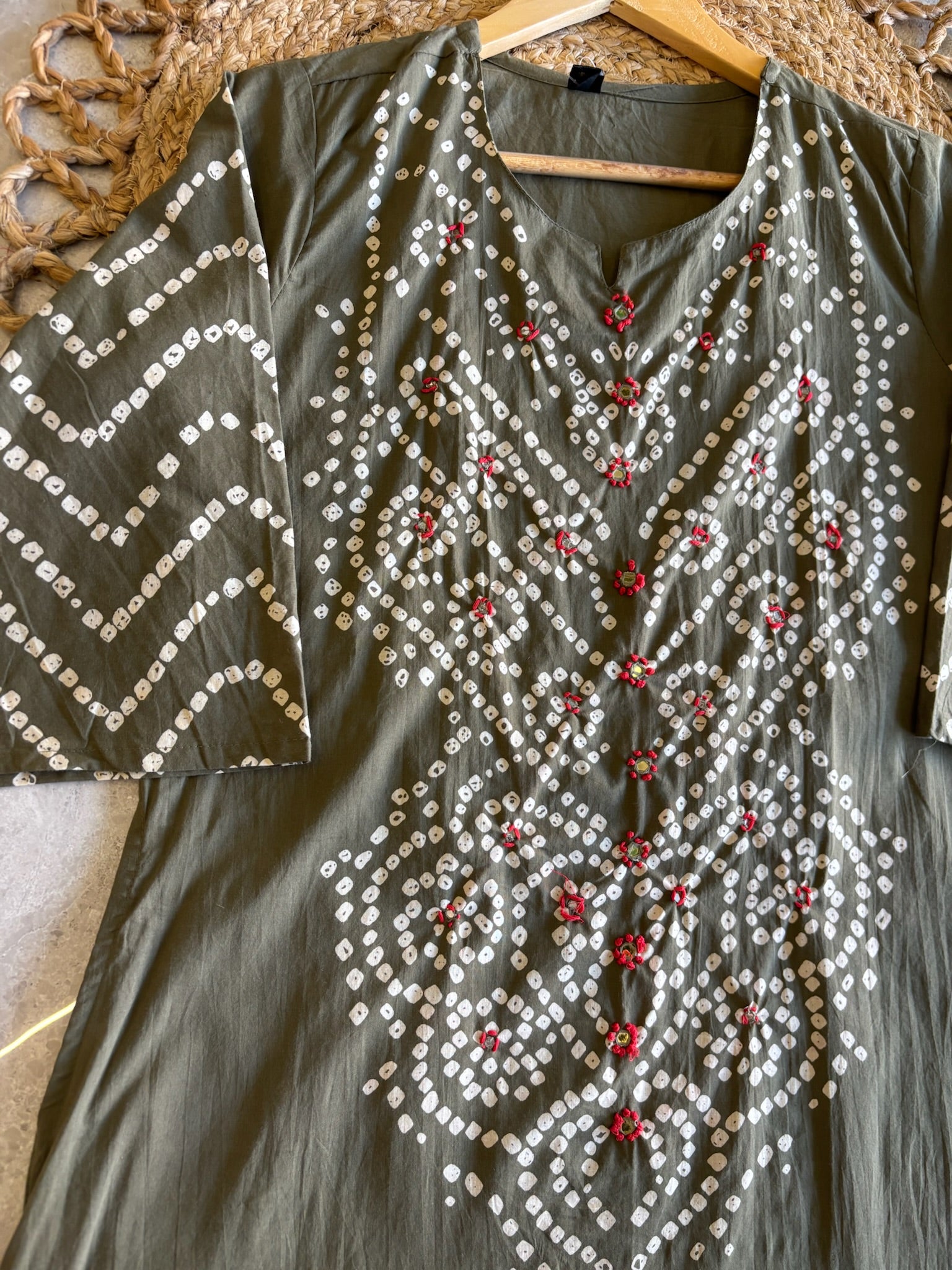 A3941- Pure Cotton Bandhani Suit With Knot-Detailed Yoke, Pants & Printed Dupatta.