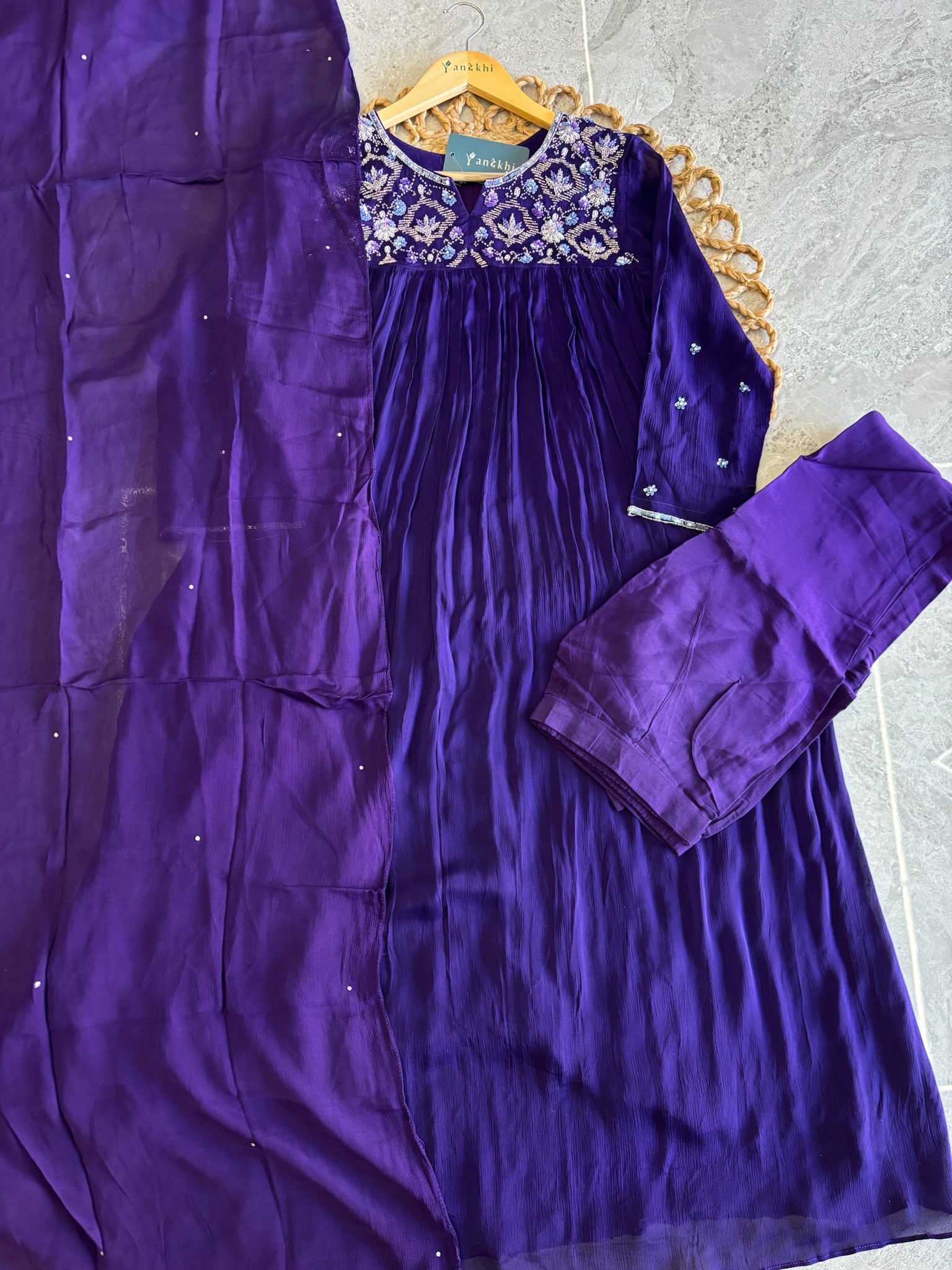 A4146- Pure Chinon Flared Dress with Heavy Handwork yoke, with Matching Pants & Dupatta.