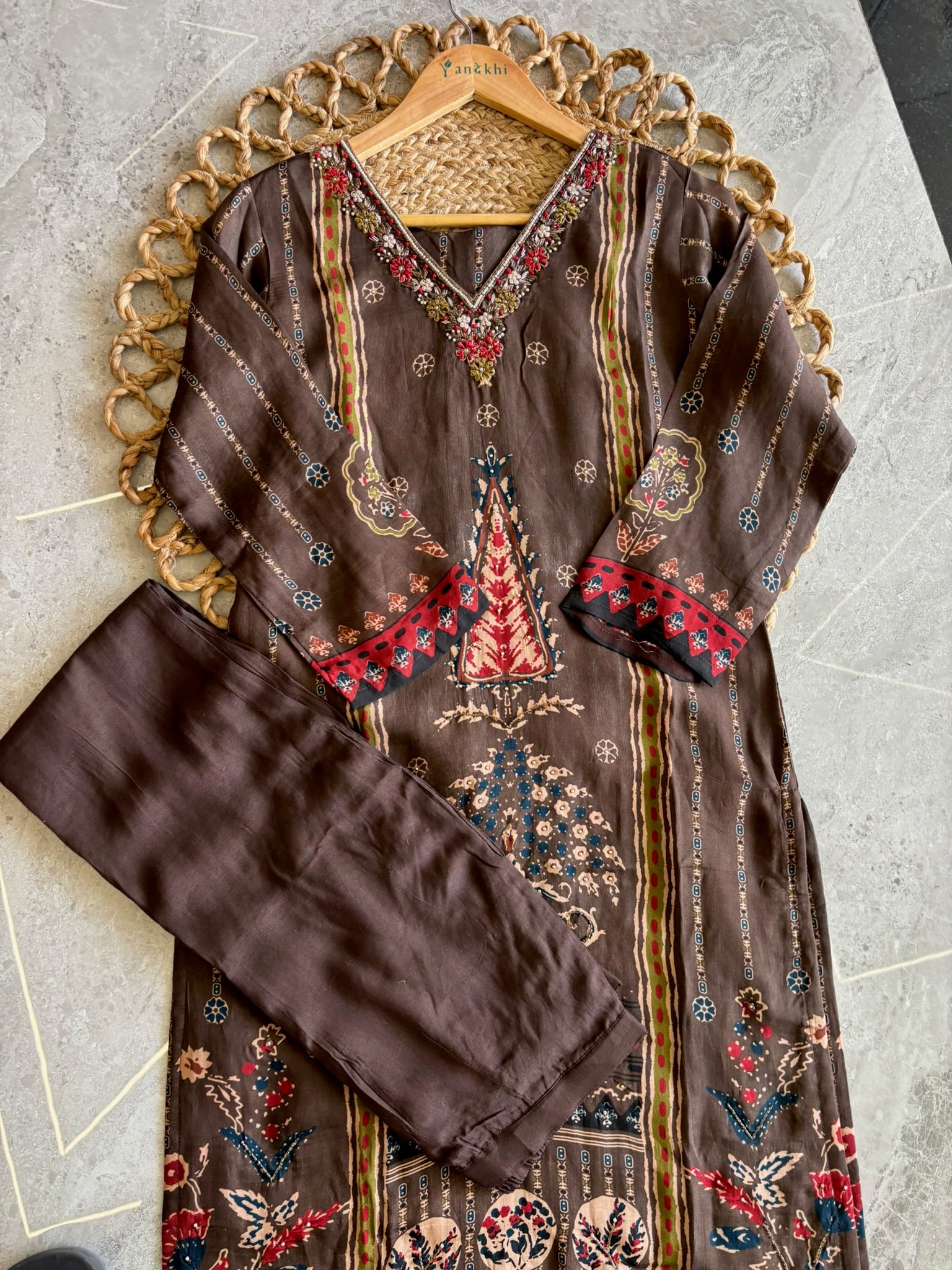 A2727 - Printed Pure Crepe Silk Suit Set with Detailed Neckline, Pants & Dupatta