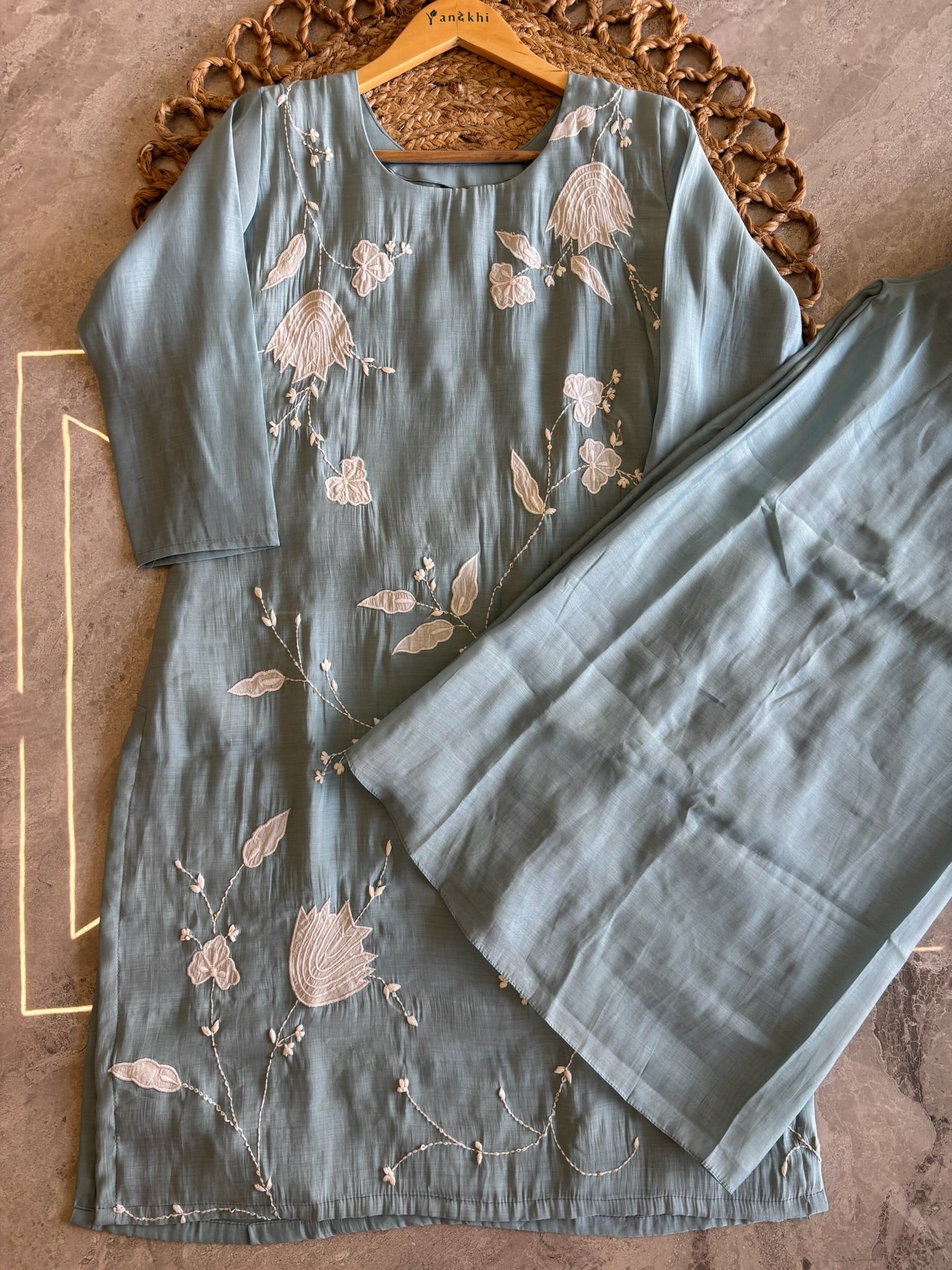 A3899 - Chanderi Silk Short Kurti with Appliqué work, Flared Plazo & Dupatta.