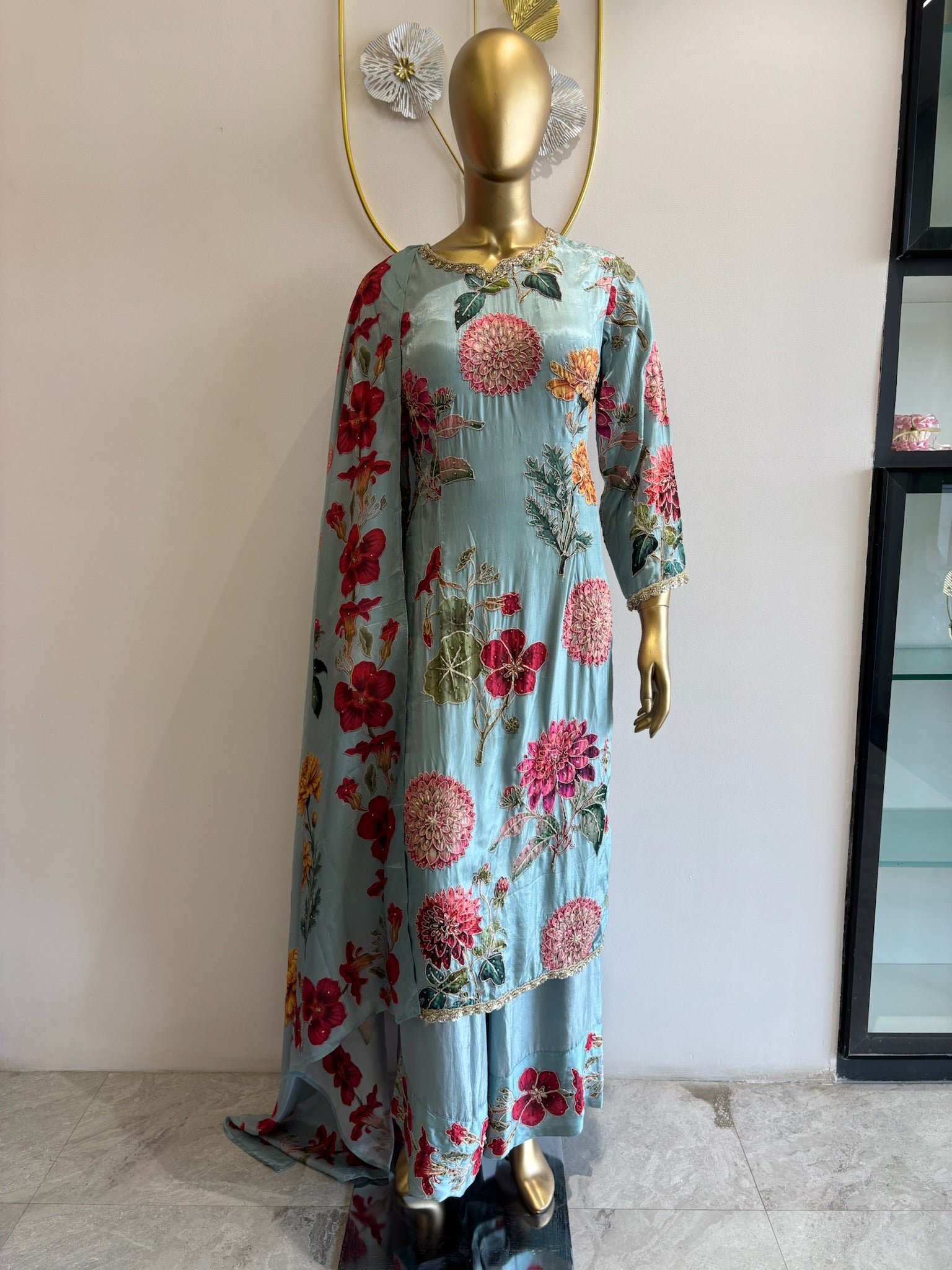 A1541- Pure Crepe Heavily Embellished Suit with Intricate Handwork paired with Palazzo Pants & Dupatta.