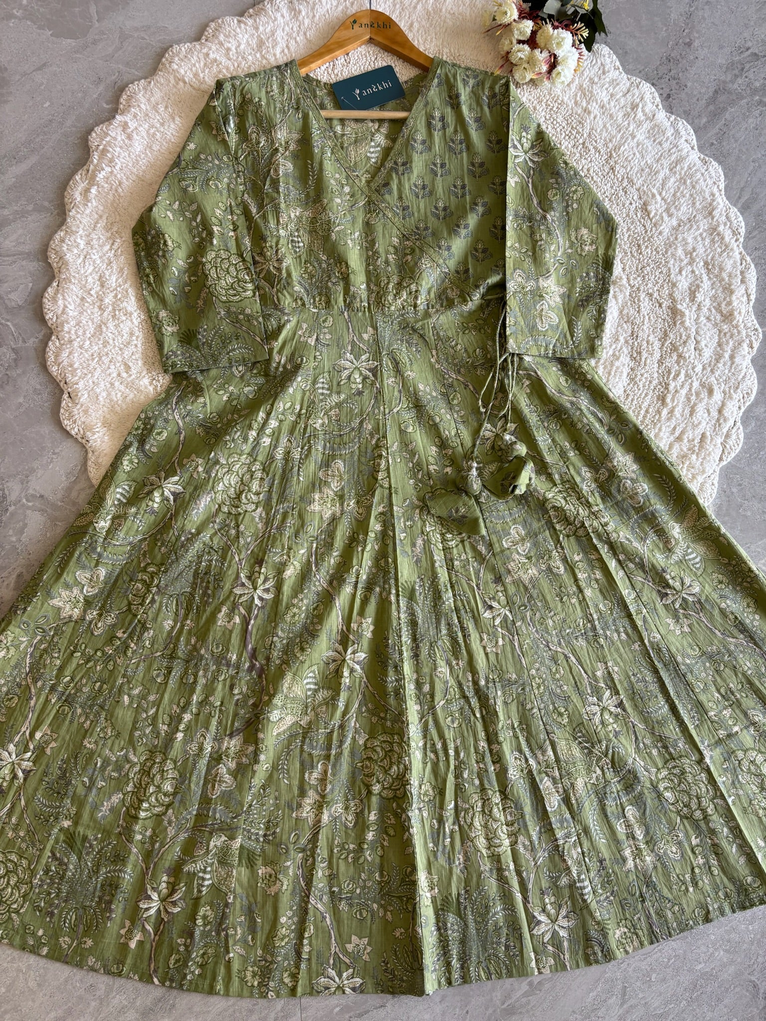 A3978- Pure Cotton Angarkha-style Anarkali Suit featuring Floral & Geometric prints, with Pants & Dupatta.
