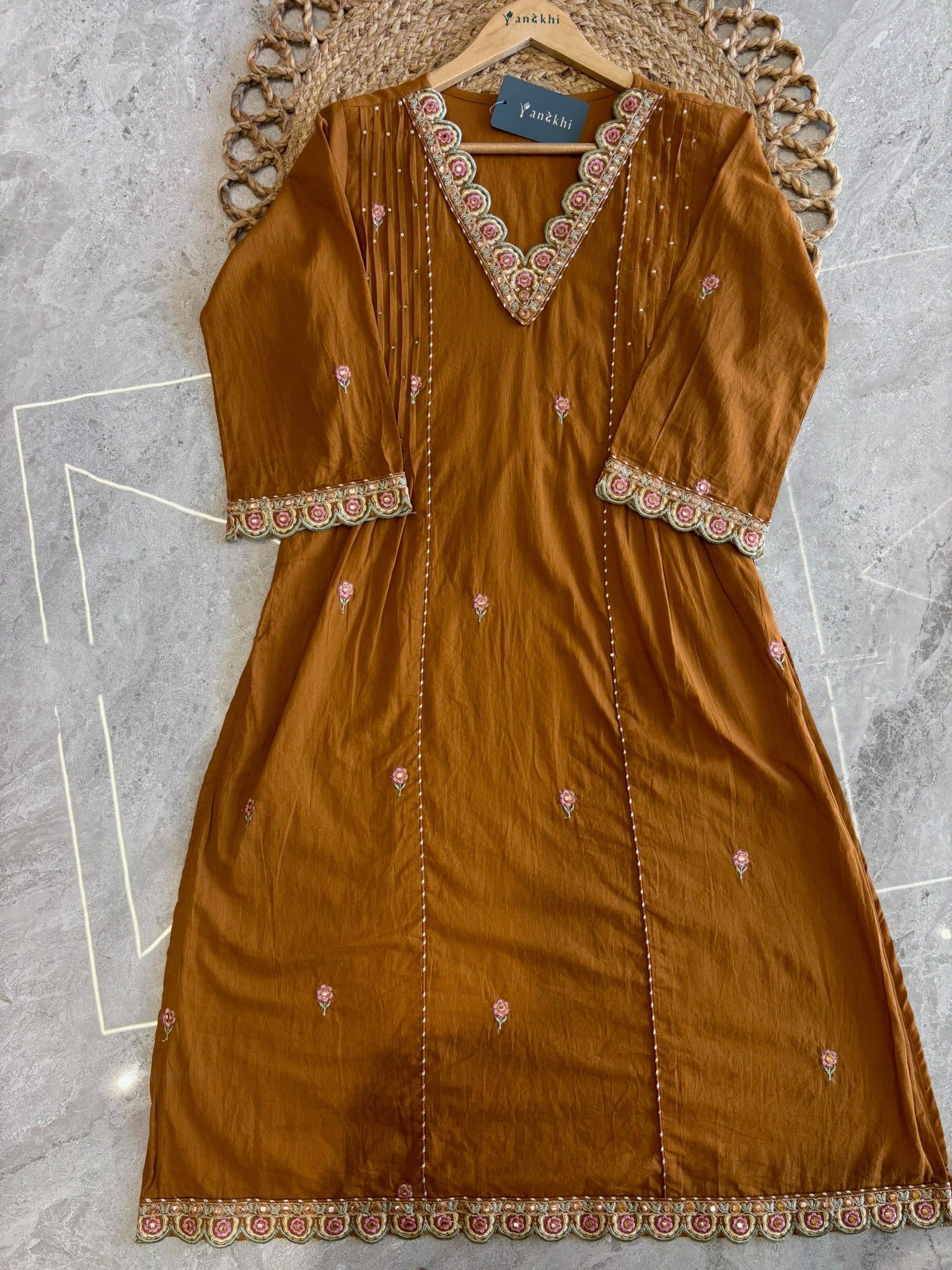 A2781 - Pure Cotton Embroidered Kurti with Lace detail on Neckline, Pants & Dupatta