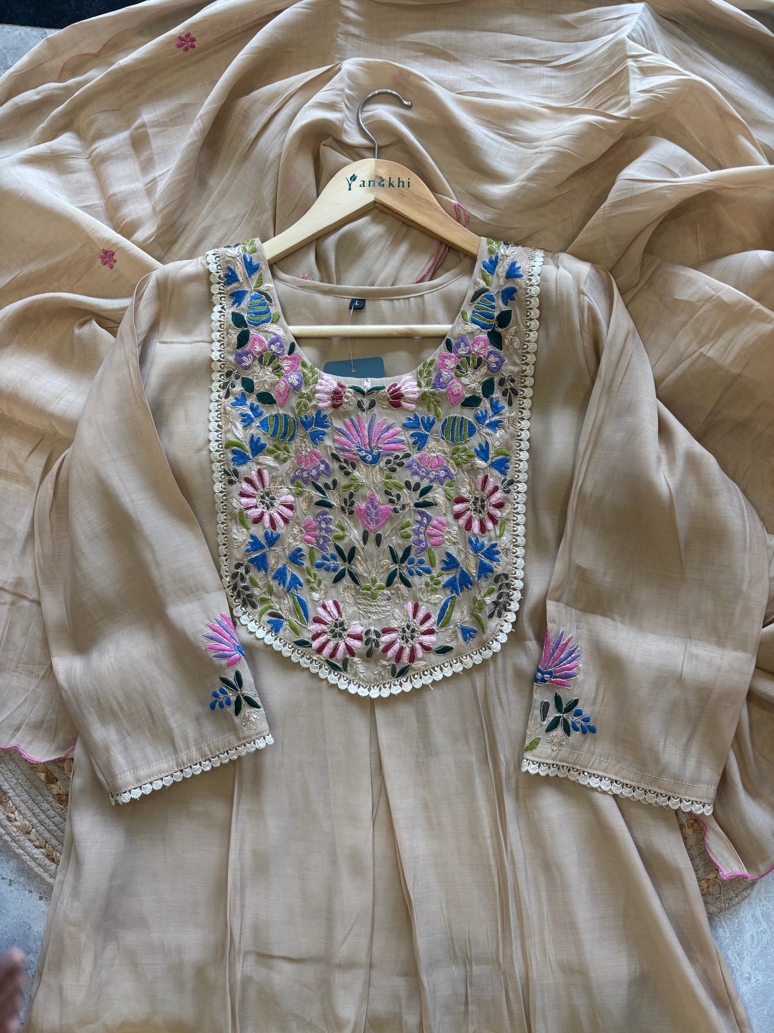 A1643 - Mul Chanderi Kurti, featuring Vibrant Embroidered yoke detailing, a flowy Dupatta & Pants.