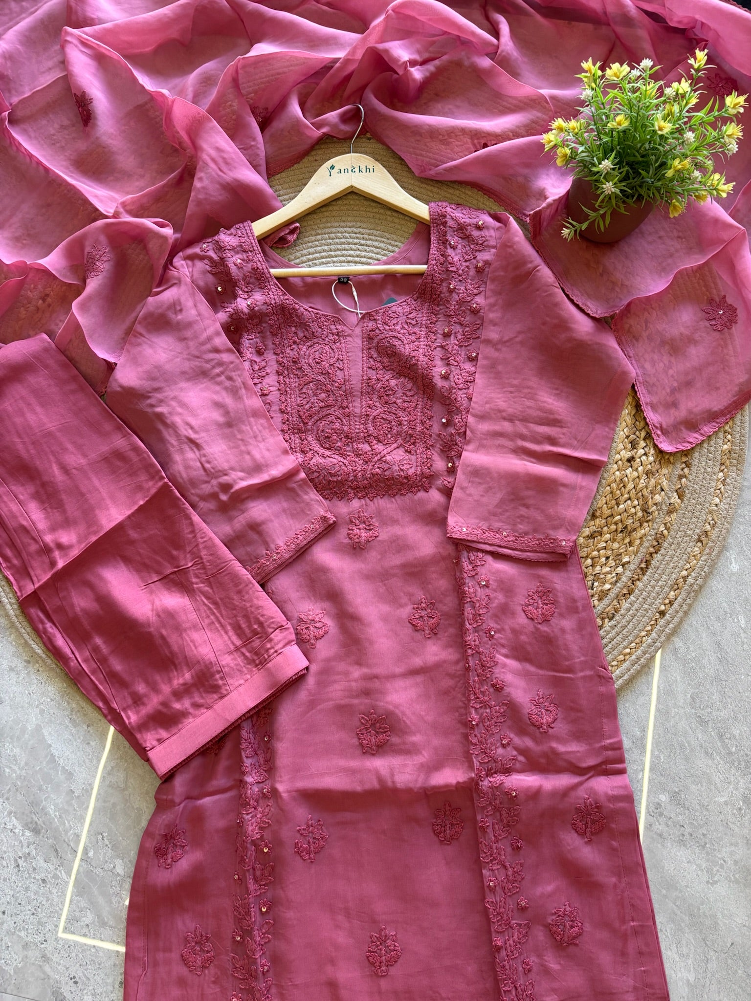 A1587 - Organza Kurti featuring Intricate Chikankari work, paired with Pants and Dupatta.