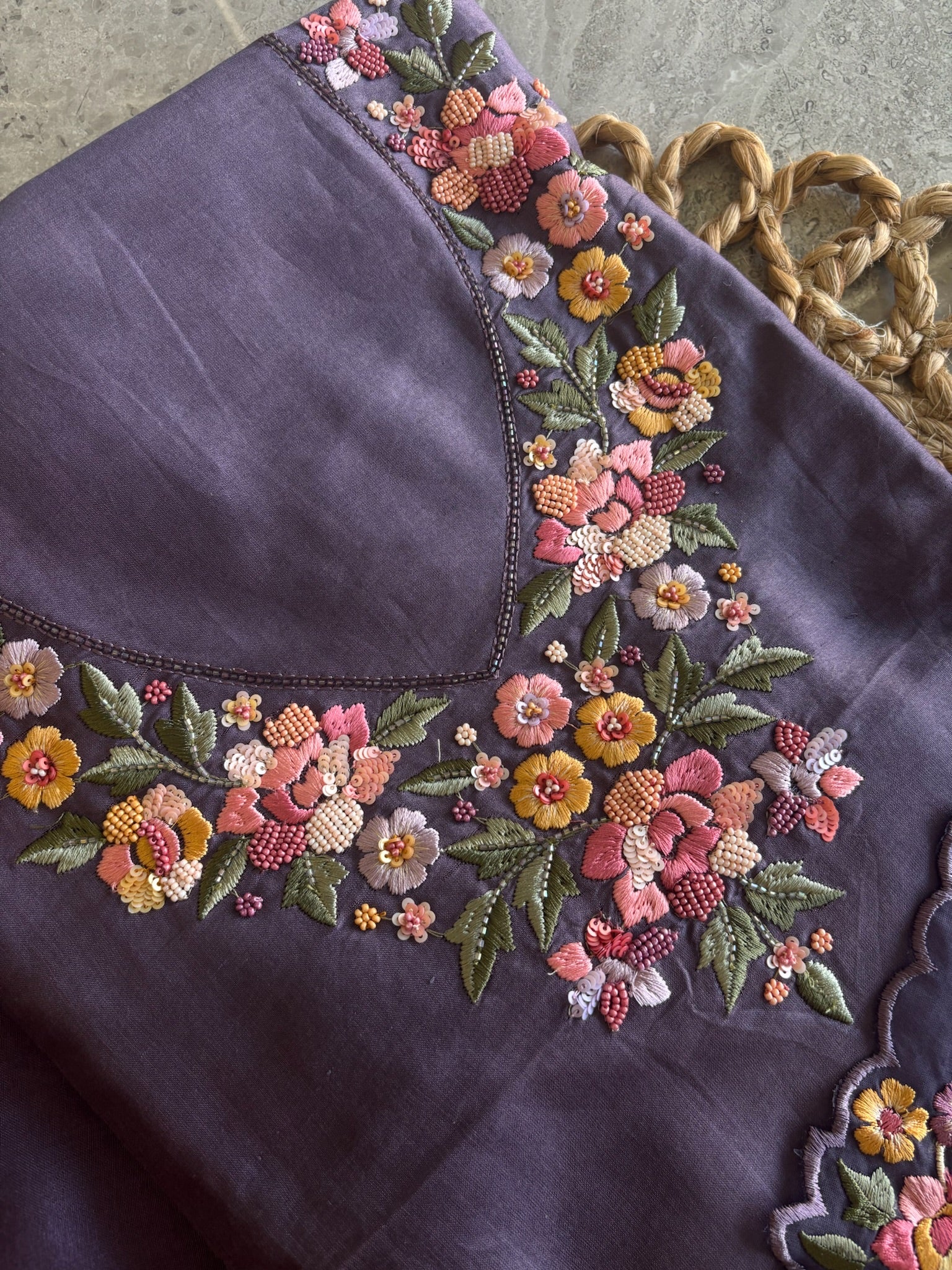 A1473 - Mul Cotton Unstitched Suit with 3D Floral Embroidery.
