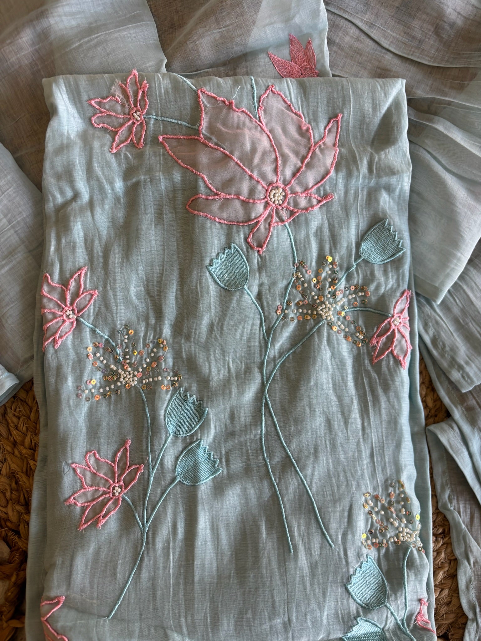A4145 - Pure Mul Chanderi Kurti with delicate embroidery & beadwork, paired with Pants and Dupatta.