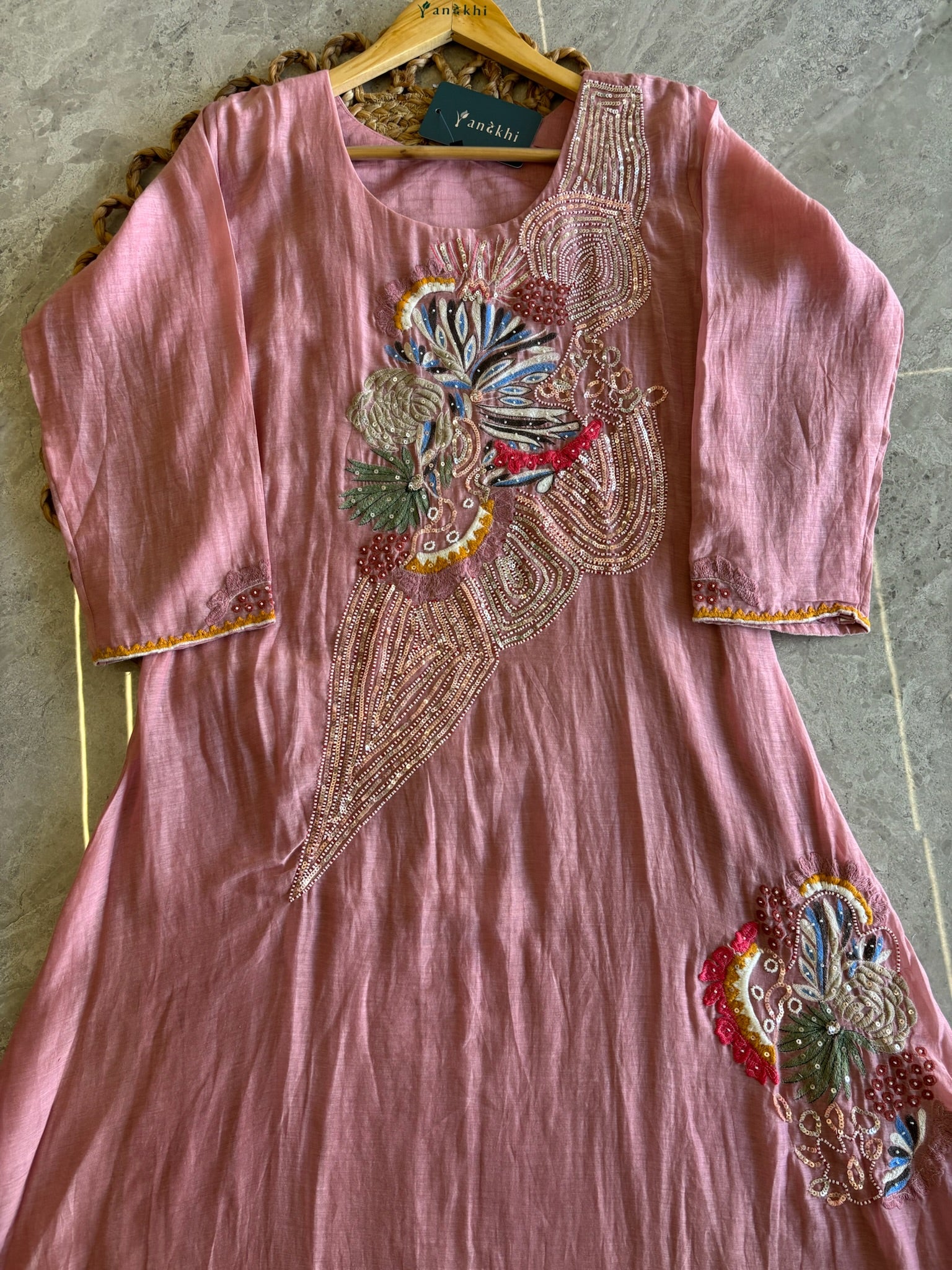 A4144 - Mul Chanderi Kurti with Heavy Handwork, paired with Pants & Dupatta.