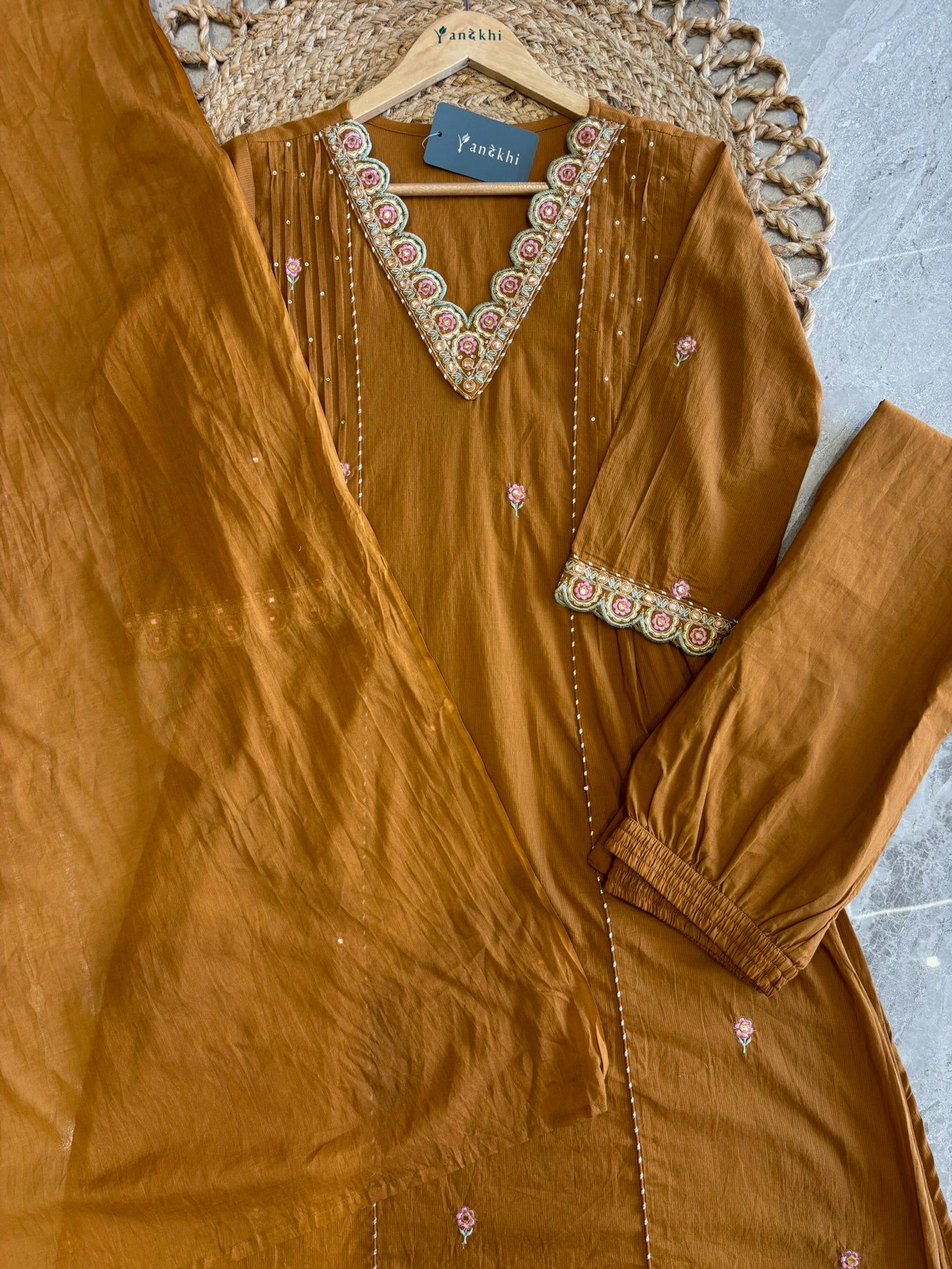 A2781 - Pure Cotton Embroidered Kurti with Lace detail on Neckline, Pants & Dupatta