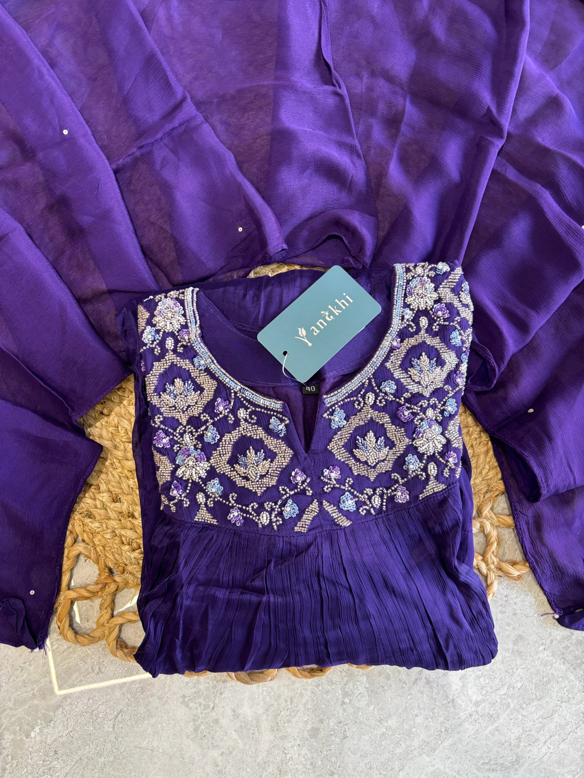 A4146- Pure Chinon Flared Dress with Heavy Handwork yoke, with Matching Pants & Dupatta.