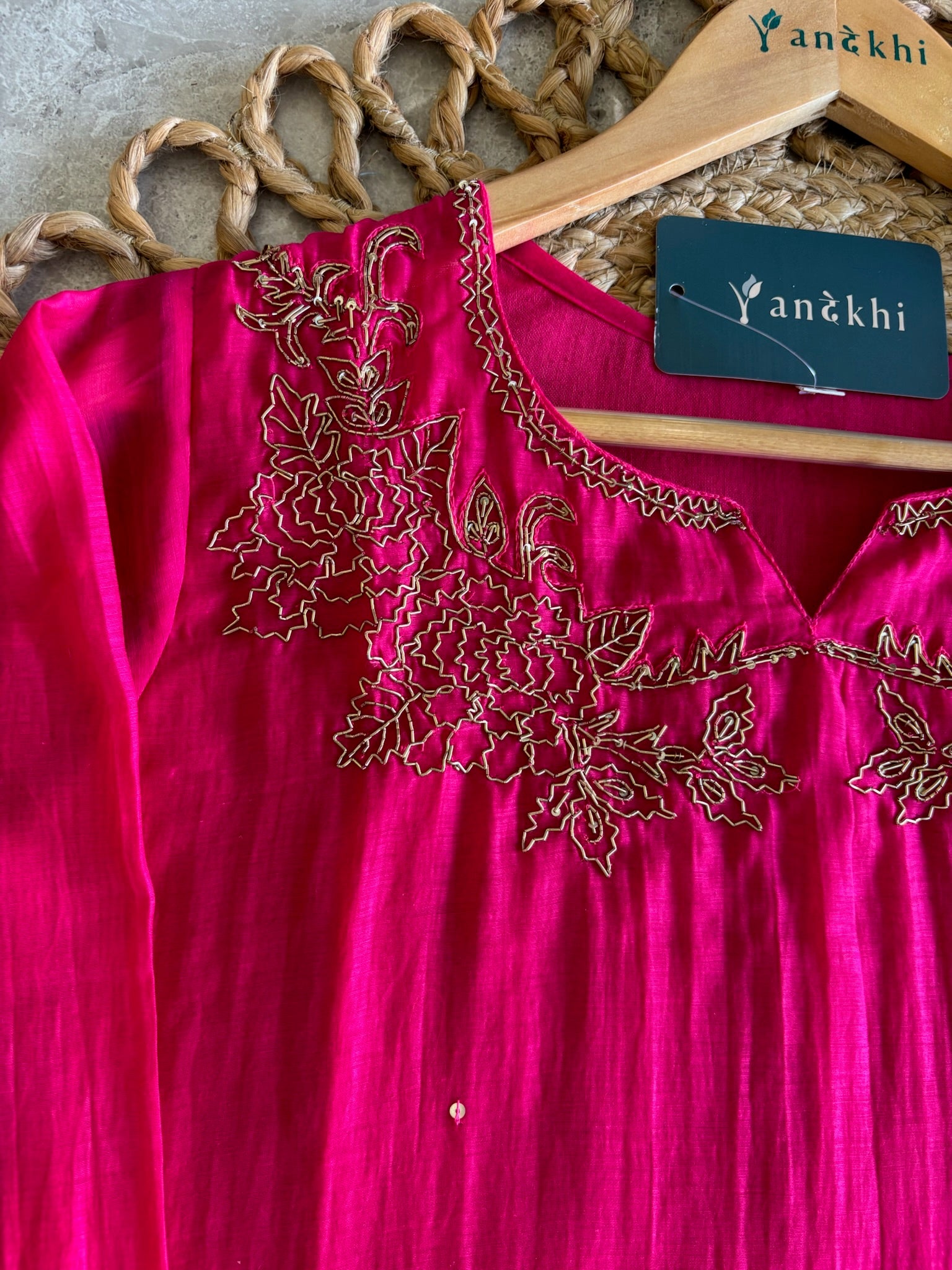 A4147- Mul Chanderi suit with Hand-Embroidered Zardozi detailing, paired with matching Pants & Dupatta.