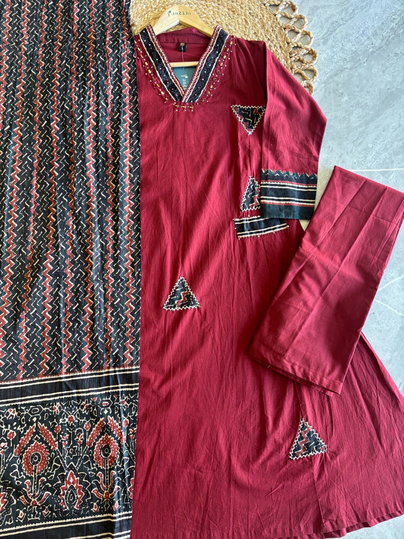 A4057 - Pure Cotton Kurti with Patchwork Details Printed Dupatta & Pants.