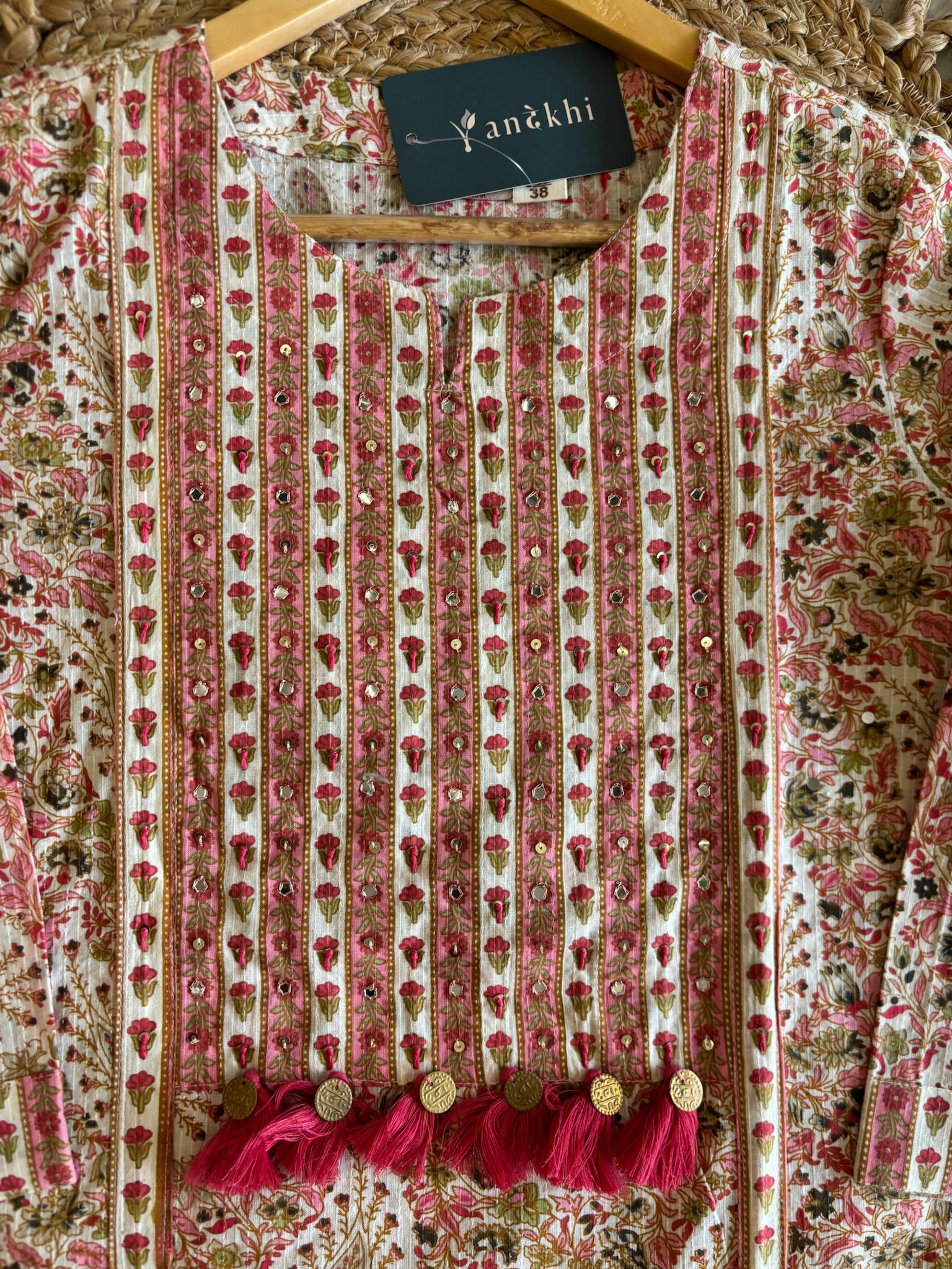 A4047- Pure Cotton Suit with Mirror & Tassel details, Pants & Contrast Kota Doriya Dupatta