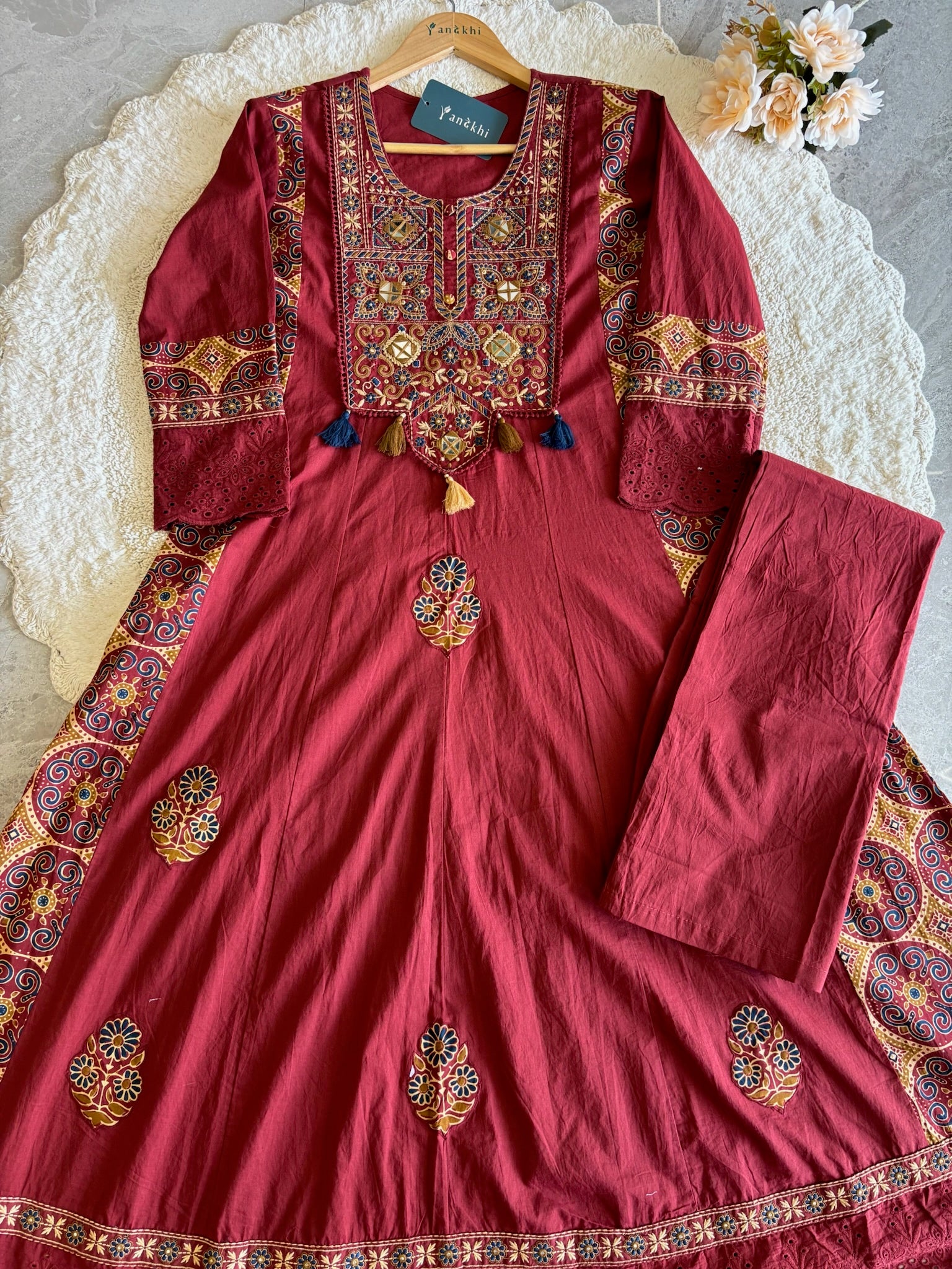 A3948- Pure Cotton Solid Anarkali Suit with Embroidered Yoke, Ajrakh-inspired Printed Accents, matching Pants & Printed Dupatta.