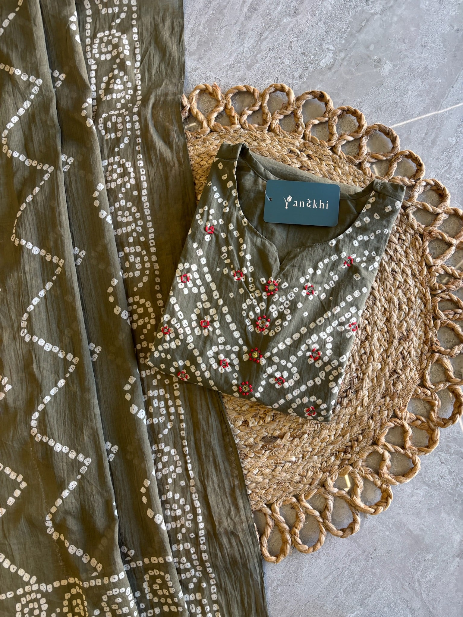 A3941- Pure Cotton Bandhani Suit With Knot-Detailed Yoke, Pants & Printed Dupatta.