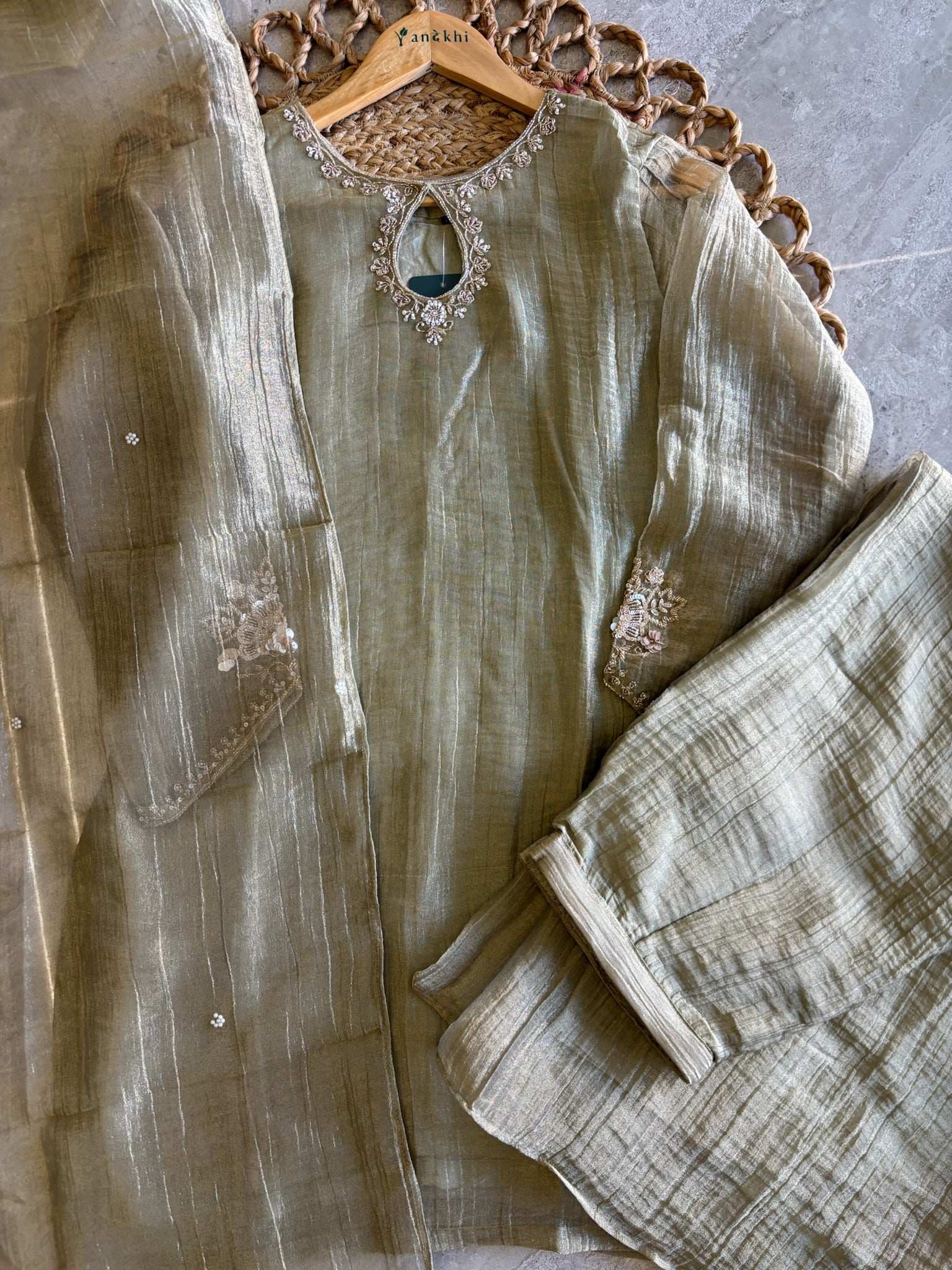 A4140 - Crush Glass Tissue  Handwork Short Kurti with Divider Pants & Dupatta.