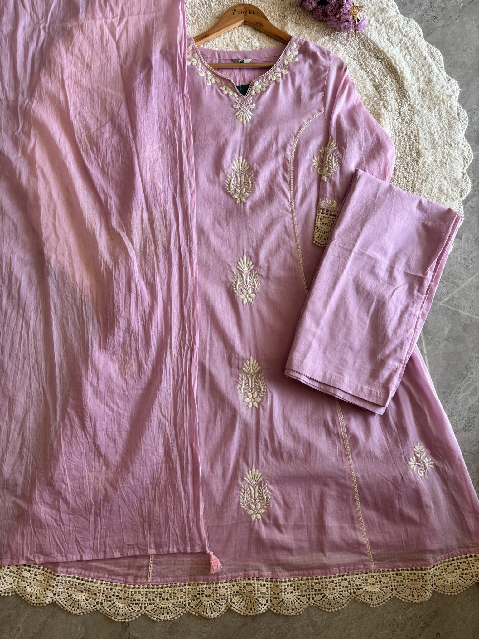 A3936- Mul Cotton Suit with delicate Embroidery & Cochet lace detailing paired with Pants & soft Dupatta.