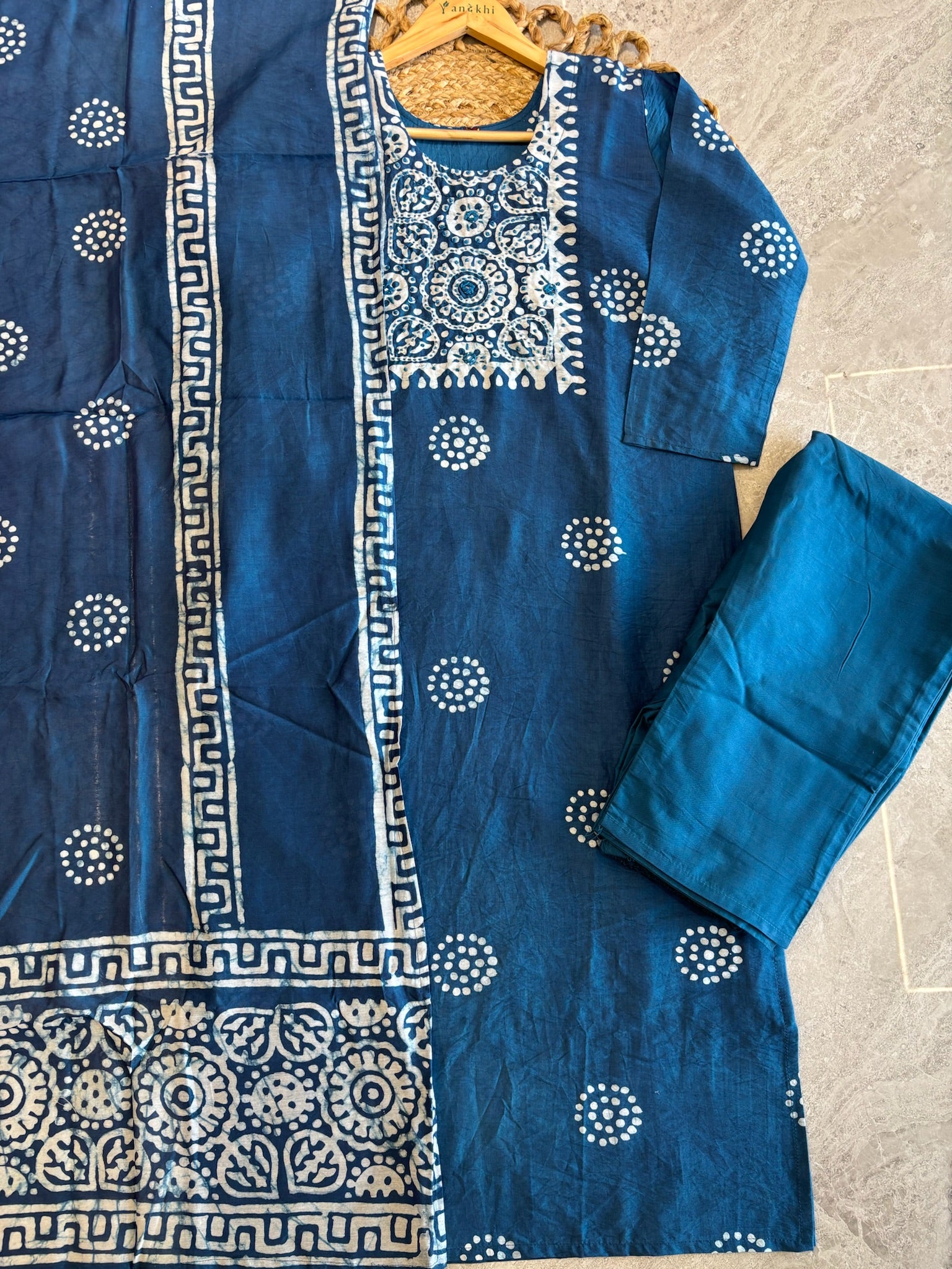 A3903- Hand Block Batik Print Silk Kurti with Pants & Dupatta.