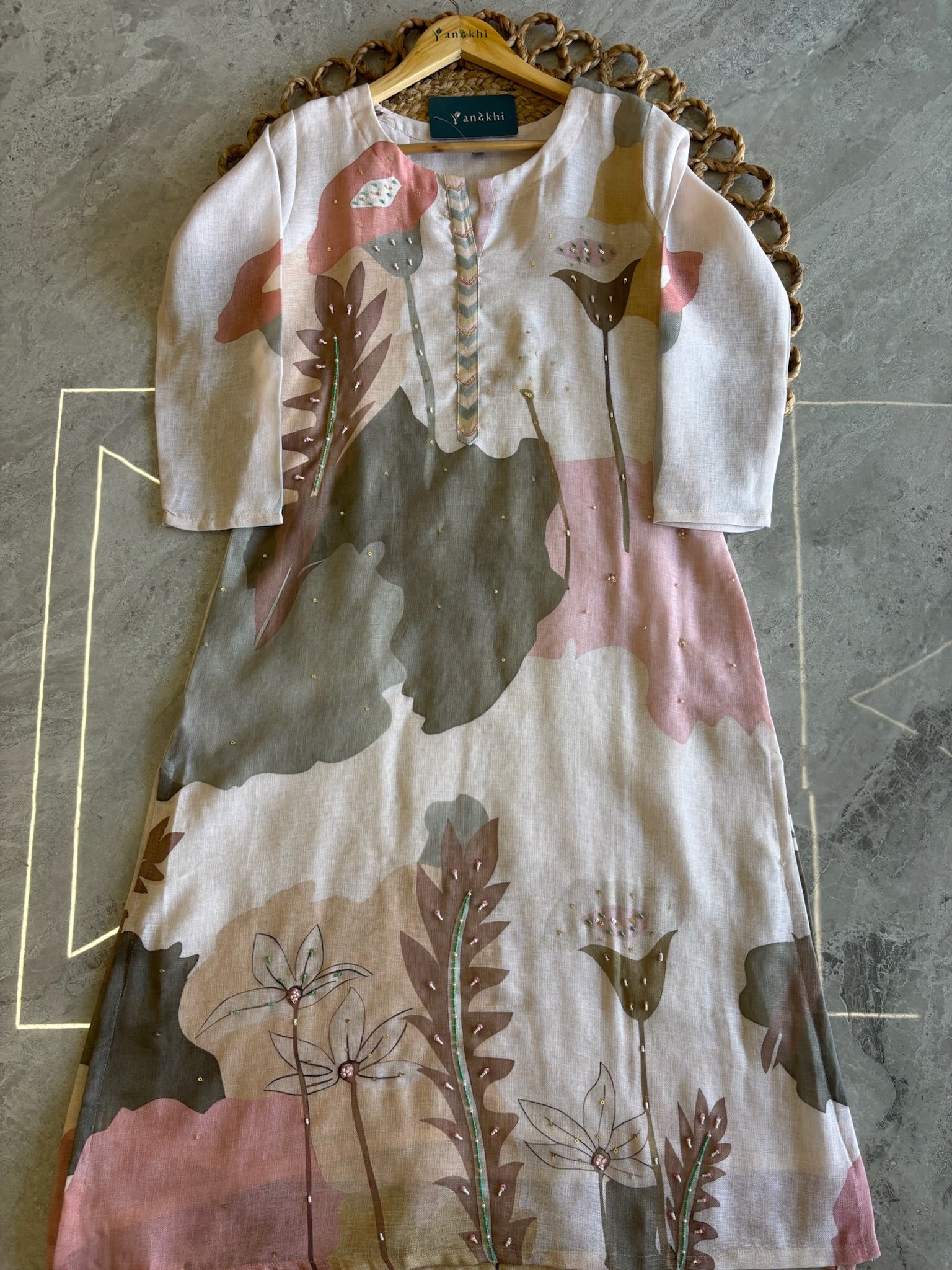A3953 - Pure Linen Kurti with Minimal Handwork, paired with Pants & Dupatta.