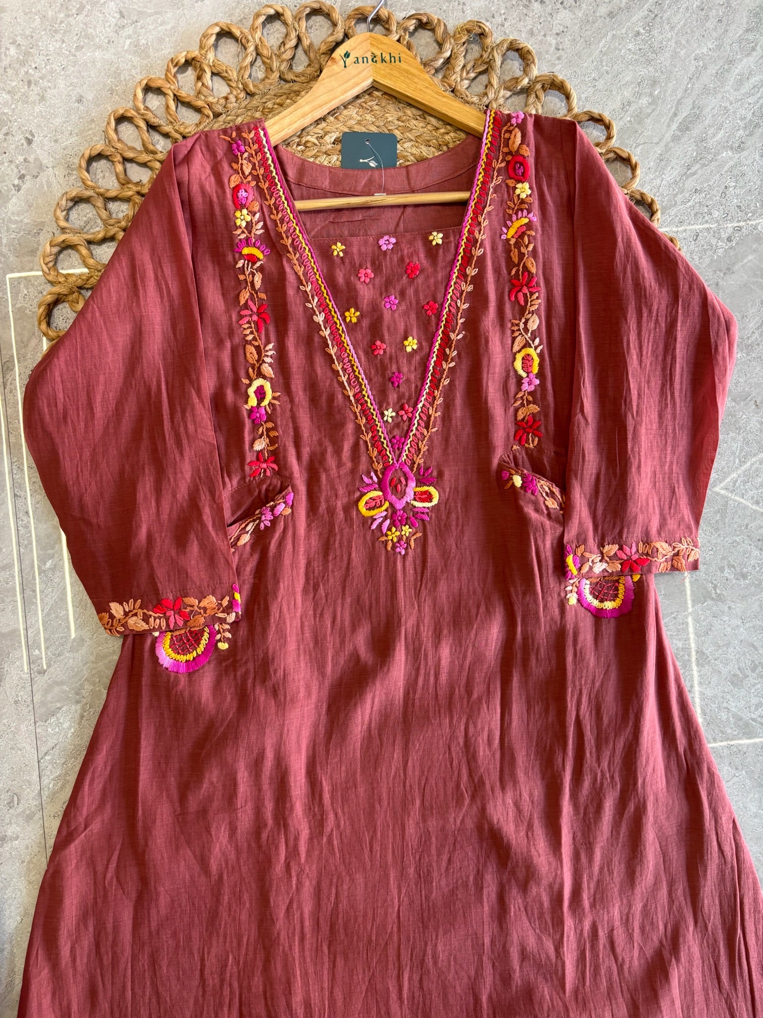 A4143- Mul Chanderi Kurti with vibrant floral Hand-Embroidery & Front Pockets, Pants & scalloped Dupatta.