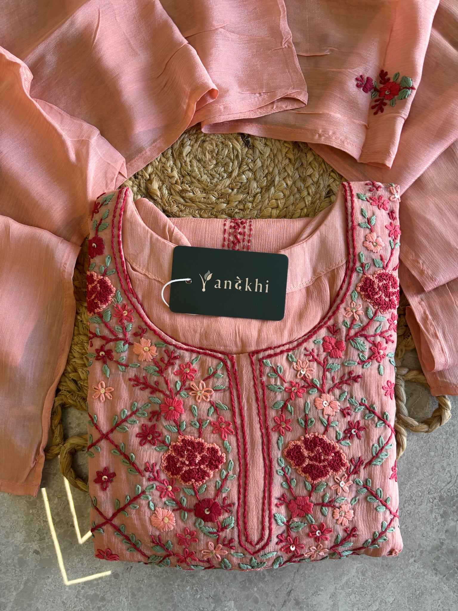 A1568 - Pure Chinon Kurti featuring Intricate Chikankari work, paired with Plazo & Dupatta.