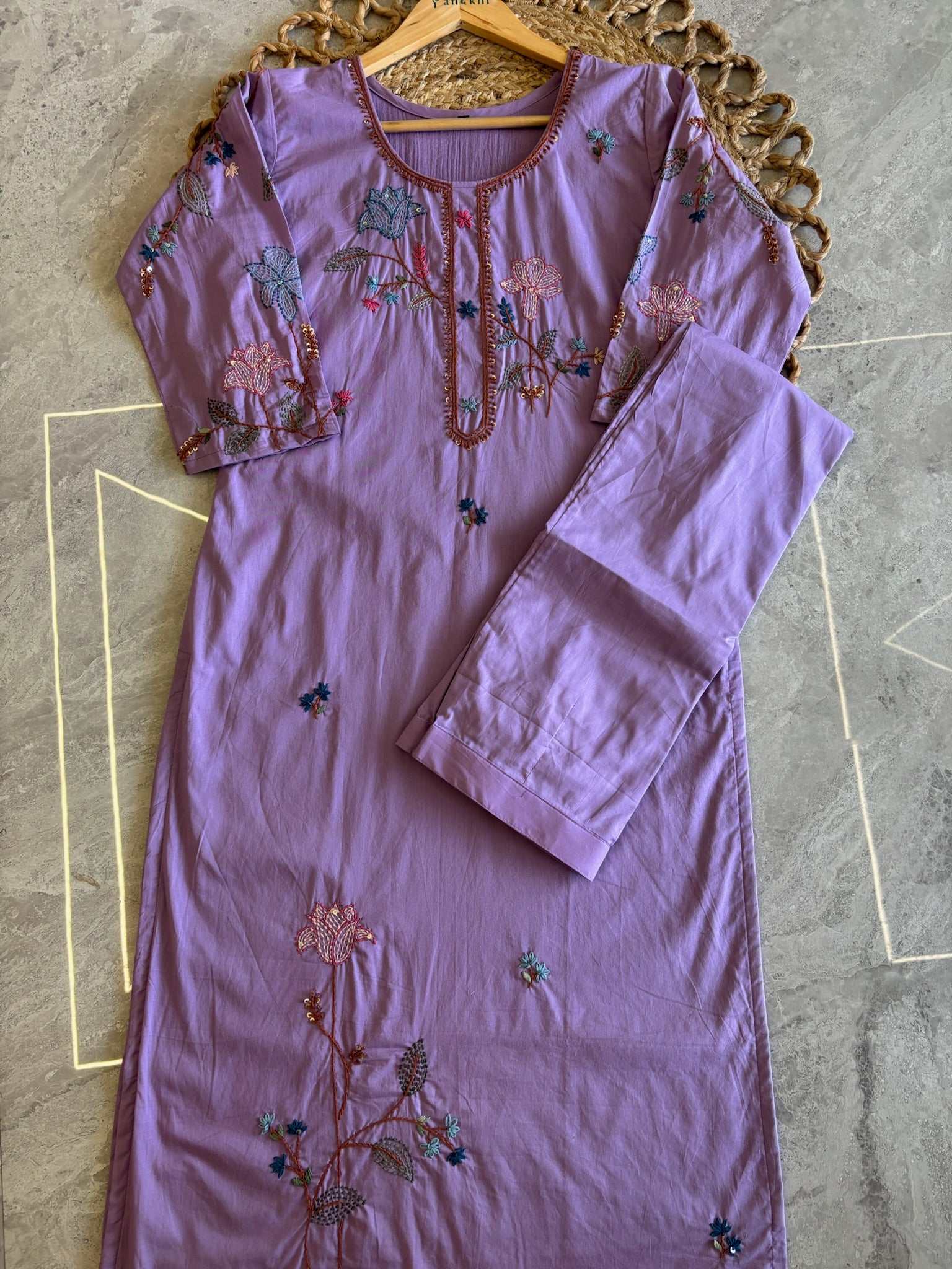 A3895 - Mul Cotton Kurti with Katha Embroidery, paired with pants & dupatta.