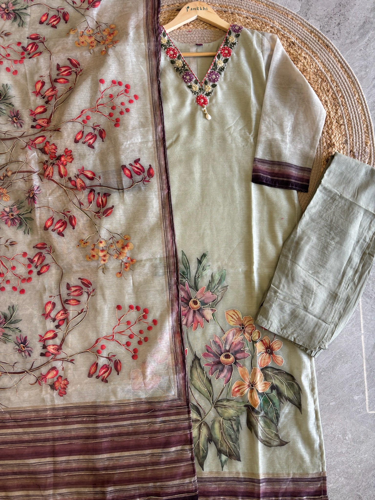 A4053- Silk Suit featuring Floral Foil Outline Digital Print, Handcrafted Neckline Detailing, matching Pants & a Lightweight Printed Dupatta,