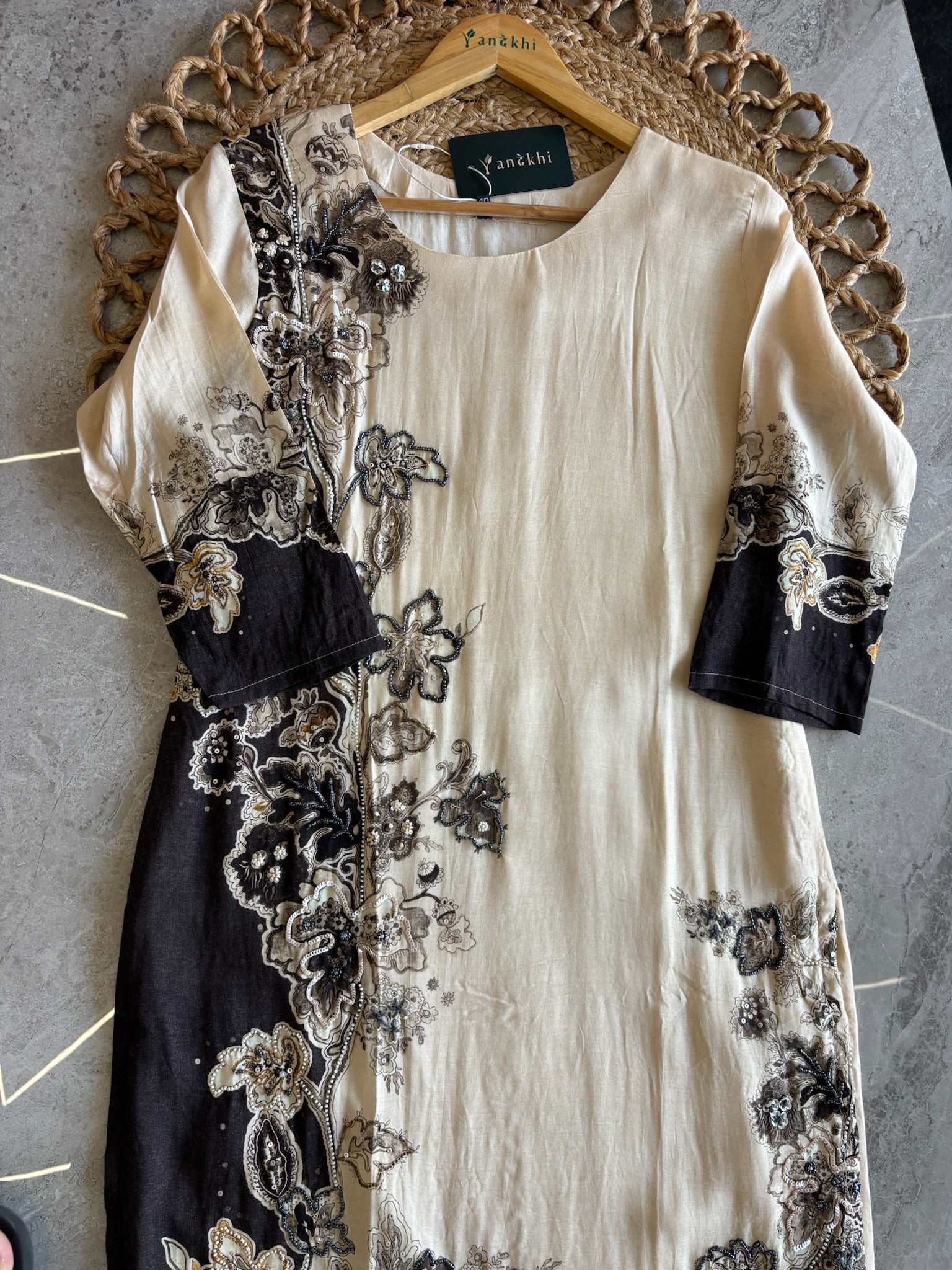 A1569 - Ivory Muslin Silk Kurti Set with Hand-Embroidered Detailing & Printed Dupatta