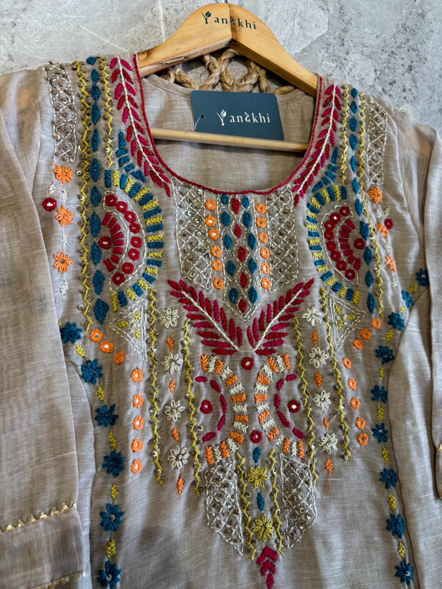 A4163- Linen suit with multicolour embroidery, detailed dupatta featuring all-over thread work.