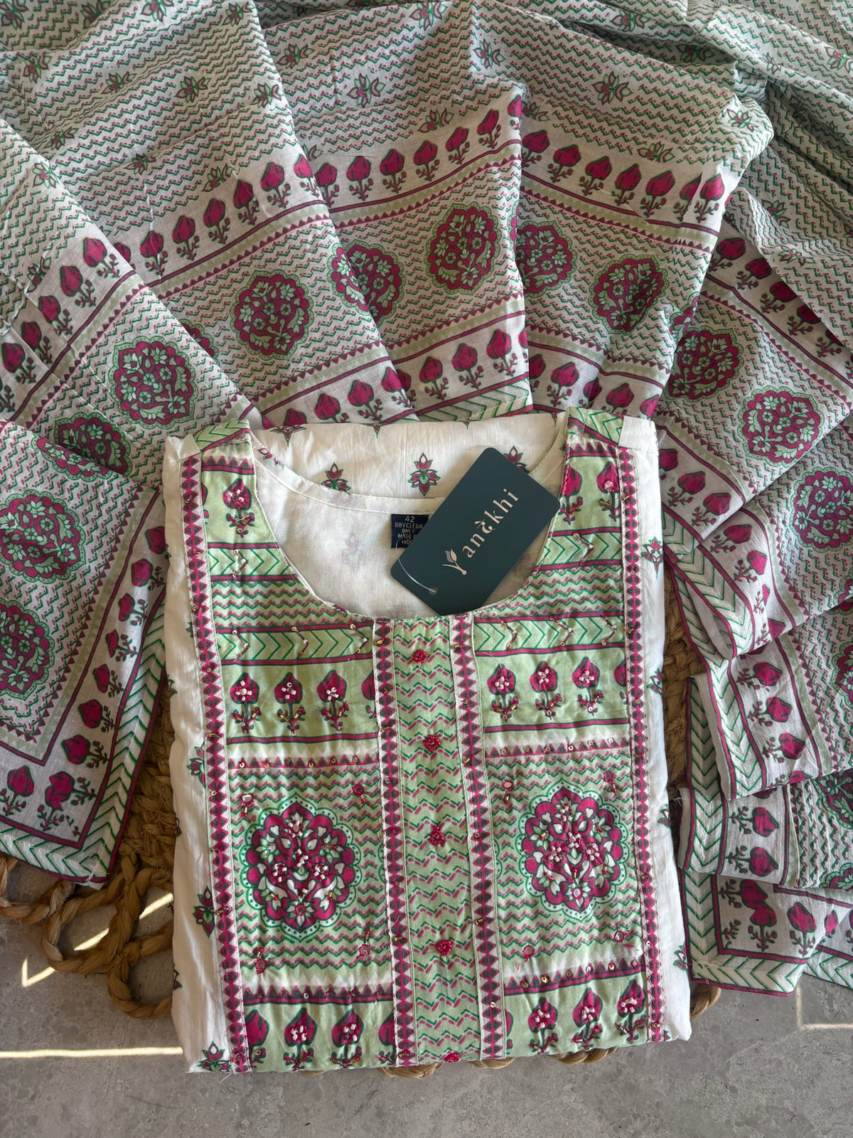 A3896 - Pure Cotton Suit Set with Floral Block Print & Mul Mul Dupatta