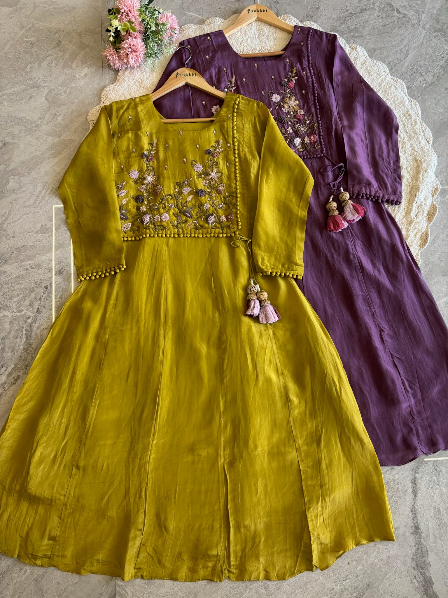 A2642- HO Silk A-Line Suit featuring an Overlap Jacket-Style Hand Embroidered Heavy, Paired with Pants & a Dupatta.