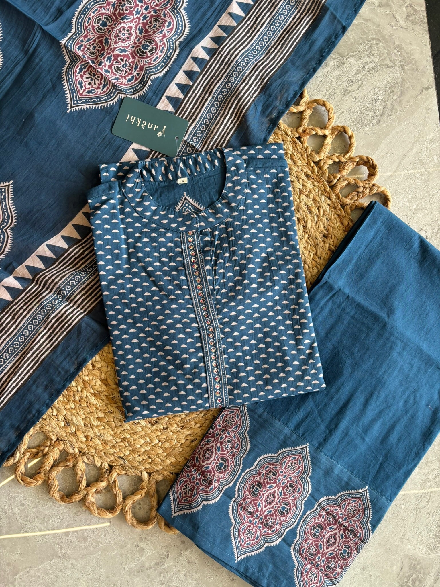 A2852 - Indigo Kurta Pant Set with Hand Block Print & Statement Borders.