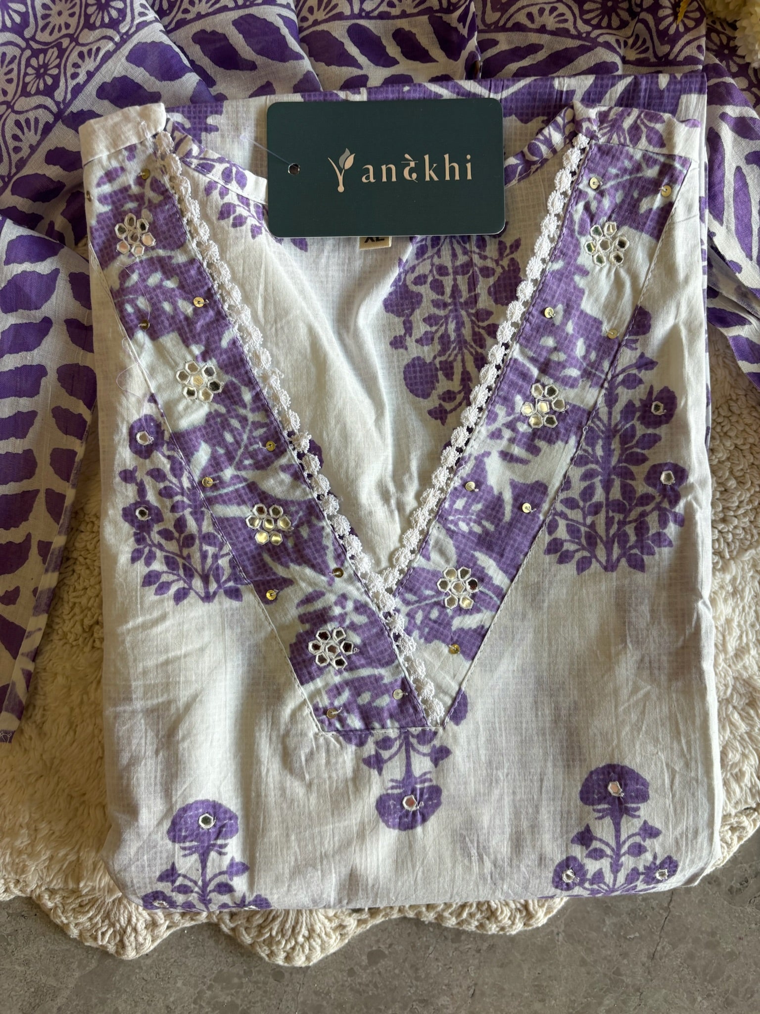 A4025- Pure Cotton Suit featuring Block-Printed Floral Motifs, delicate Lace detailing, matching Pants & Dupatta.